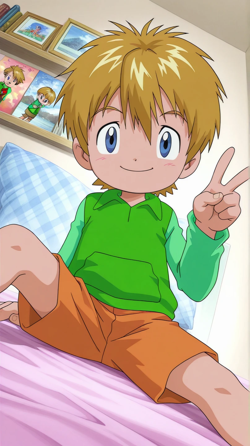masterpiece, best quality, amazing quality, colorful, vibrant, very aesthetic, detailed background, boy, shota,shotacon,male,adult:1.2,male,takeru,blue eyes, blonde hair,shorts hair,Thewa set, looking at viewer, ,,blushed, smiling and looking flirtatiously,sexypose, ,,  lying , Dutch Angle, bedroom,,
