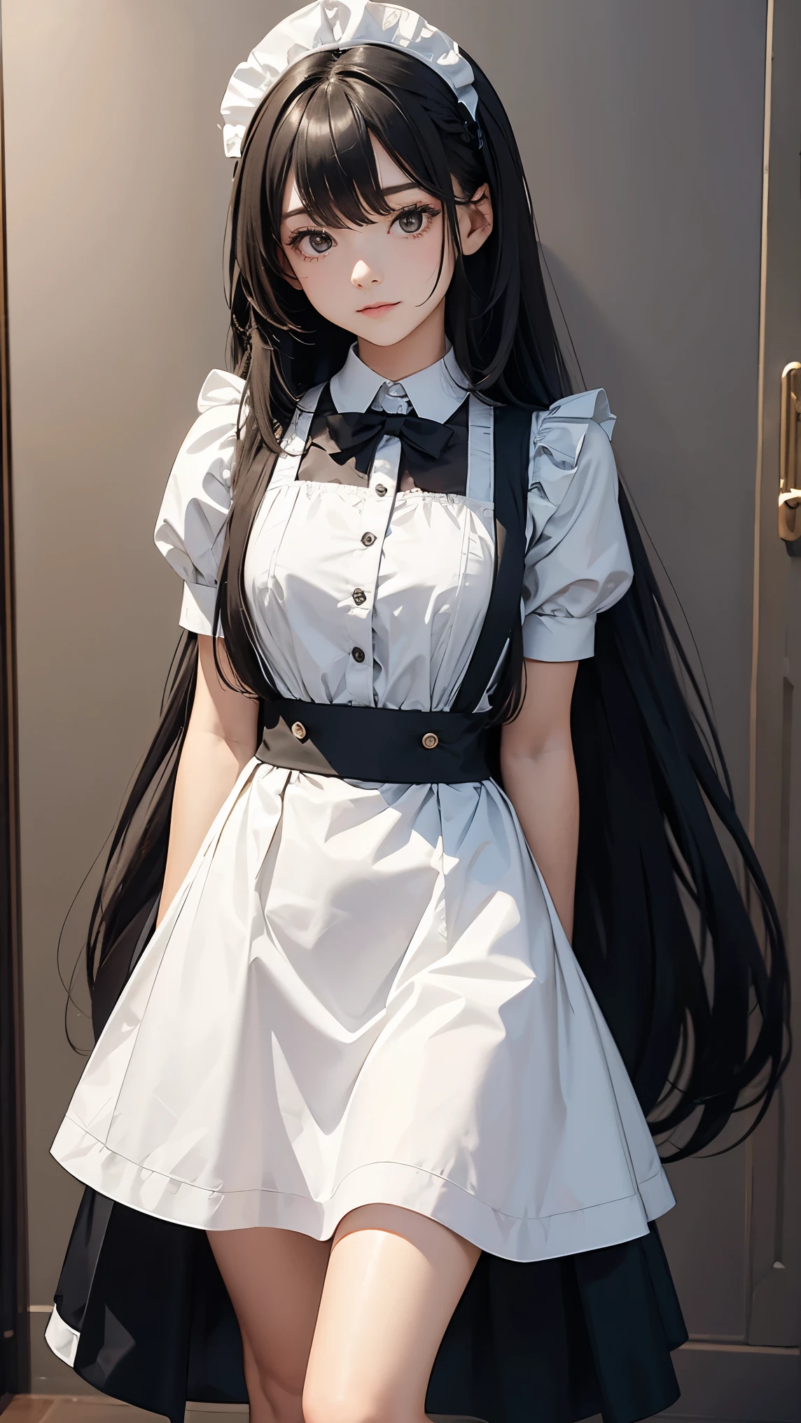 Maid girl whose hair is long enough to reach below the knee