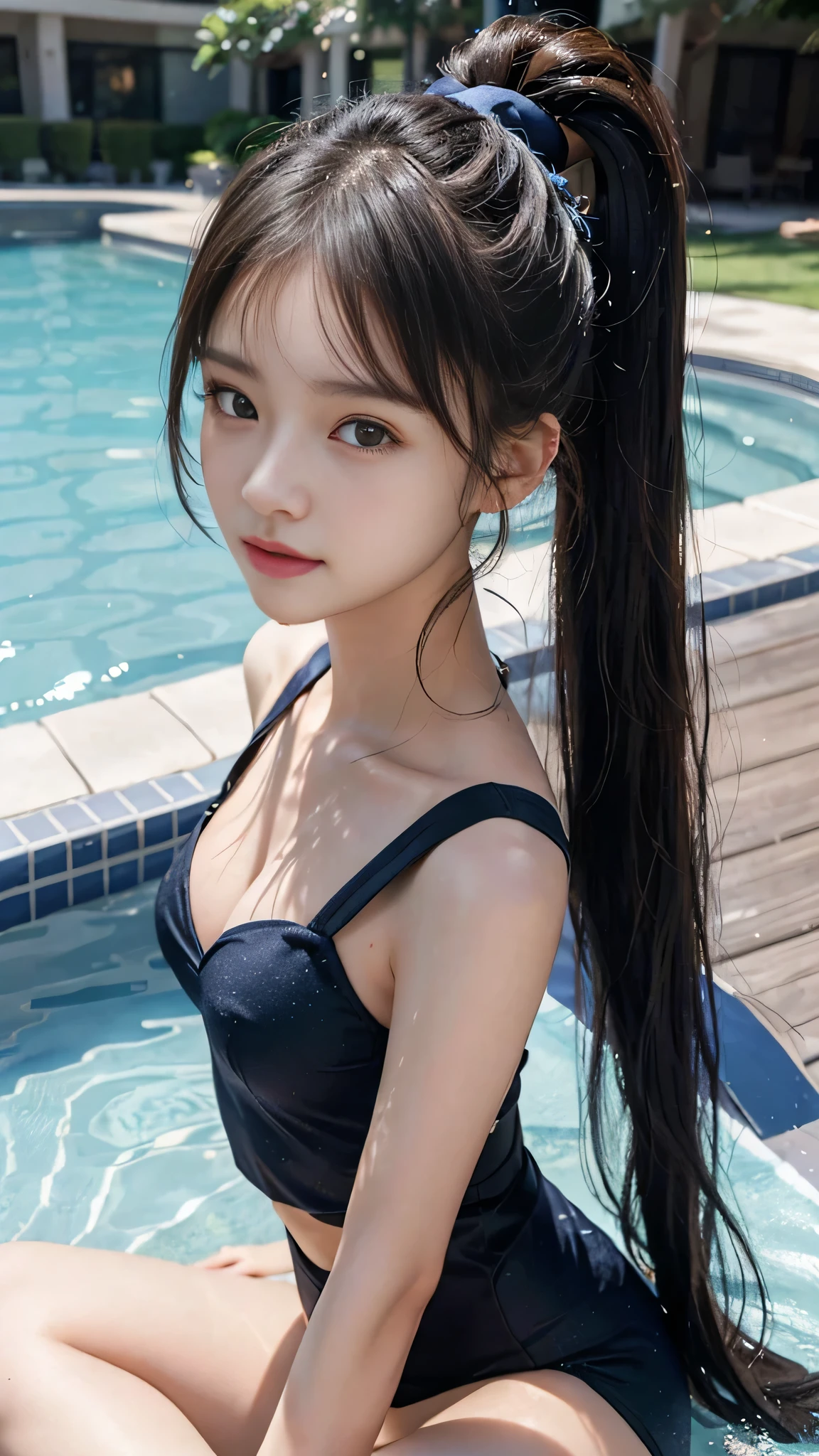 ((masterpiece)), ((highest quality、Ultra high definition)), (Very detailed),8K、Photo quality、((Amazingly cute girl)), 12 year old girl, Two people, , (Beautiful Blue Eyes), smile,In the open-air bath overlooking the sea, Beautifully arranged black hair in a ponytail、whole body、(White see-through swimsuit)、