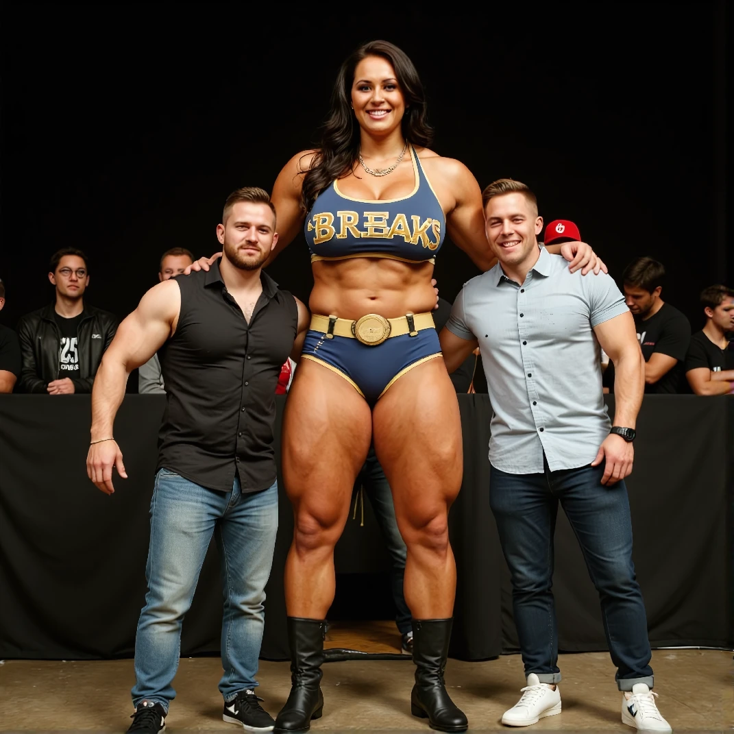 Man and woman bodybuilders, on stage, posing, wearing latex to cover private parts