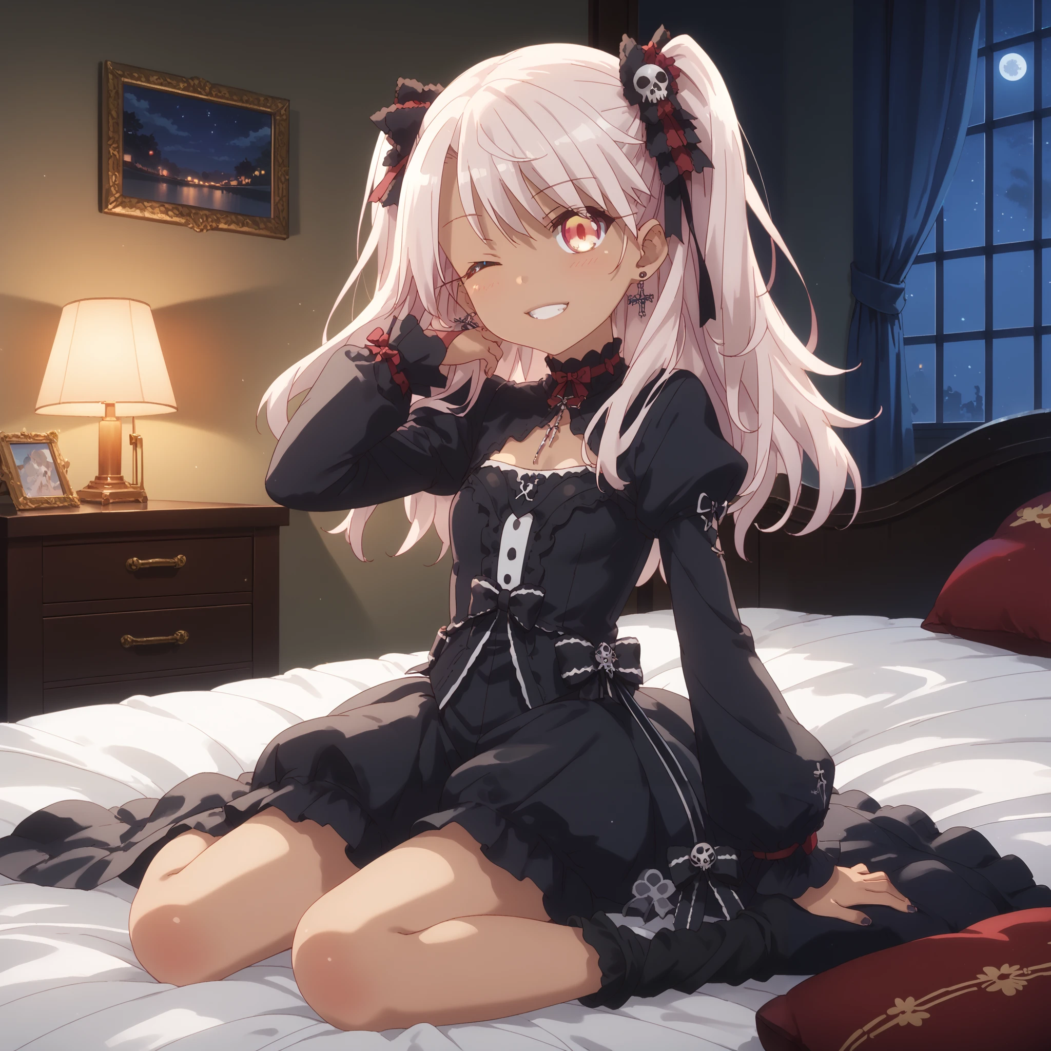 kuro,1 Girl, Pale skin, one eye closed, light smile, , petite, dark skin, small breasts, cleavage cutout, slim legs, gothic ta, hair ornaments, choker, wariza, indoors, at night, full body, {{{animeted}}},anime colored,