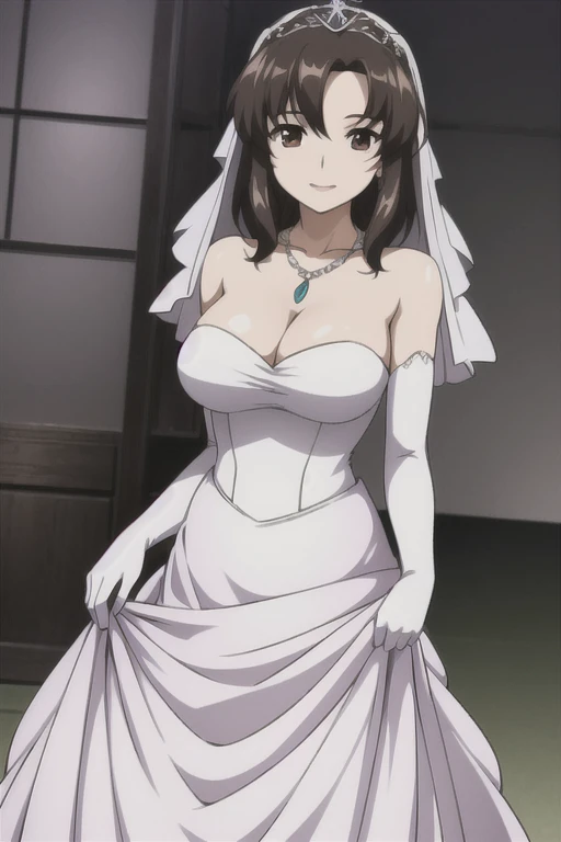 1girl, aaichika, tiara, bridal veil, necklace, cleavage, wedding dress, strapless dress, white dress, white gloves, elbow gloves, from below, skirt lift, white panties and sexy stockings, bare legs,, masterpiece, best quality, highly detailed, short dark green hair, green eyes,