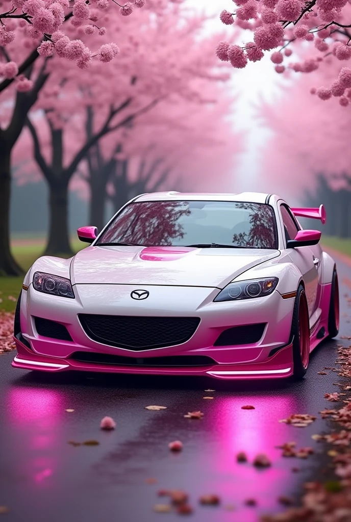 Mazda RX8 in pink and white in a cherry blossom whit full car modification und pink rgb under the car whit whit spoiler