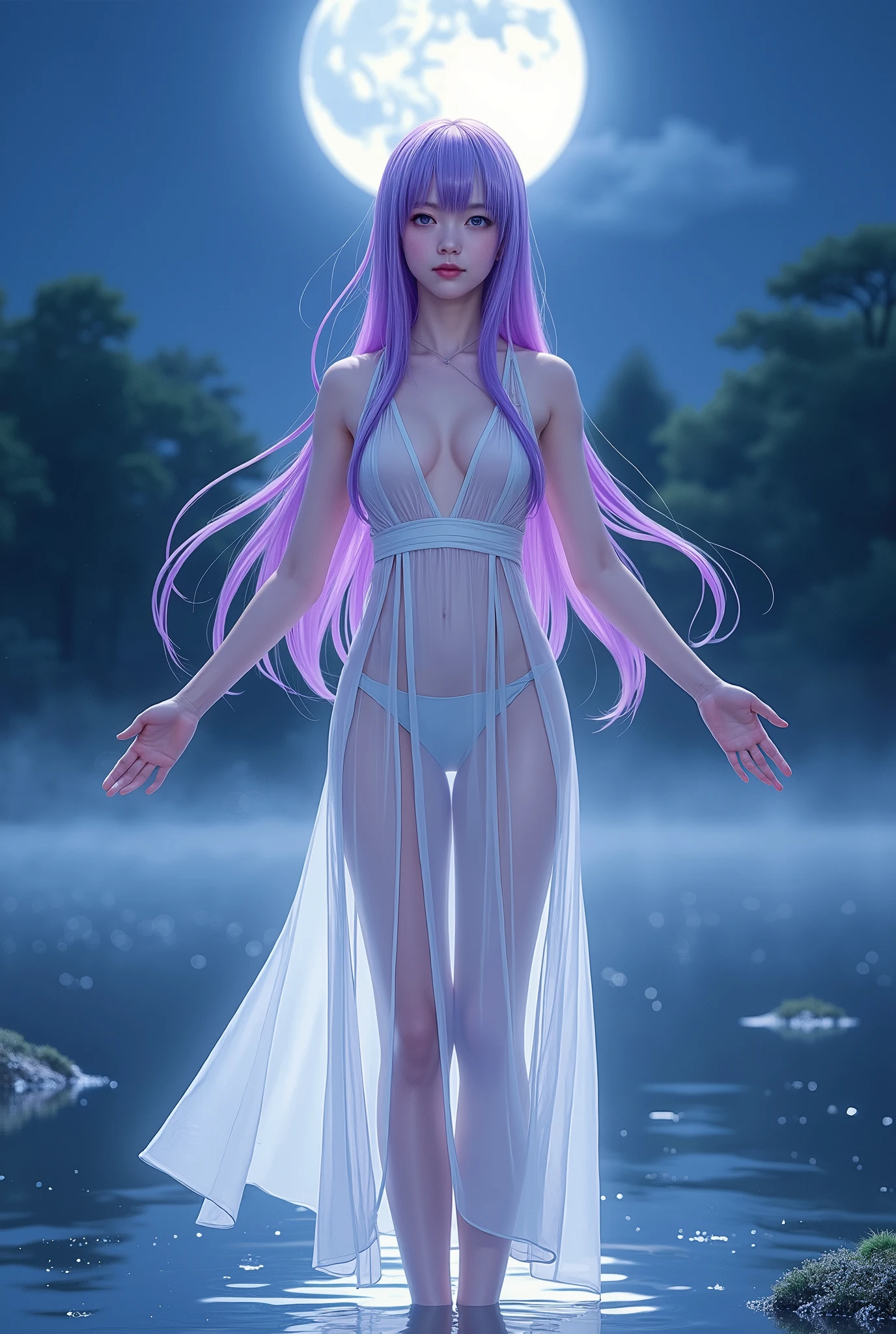 top quality、 photorealistic、 realistic comic style Japanese woman wearing a thin pink ribbon、 erotic 、Beautiful woman with long light purple hair 1 :5( fluffy hair 、 Sharp Eyes )、 See-through White Dress ( small breasts、 sleeveless、 deep v-neck、Sideboob、Large underarm slits、 belly button out、 long skirt with deep slits )、glass leggings、 Glass High Heels、 spread your arms、Standing on the lake、Moonlit Night Forest Lake