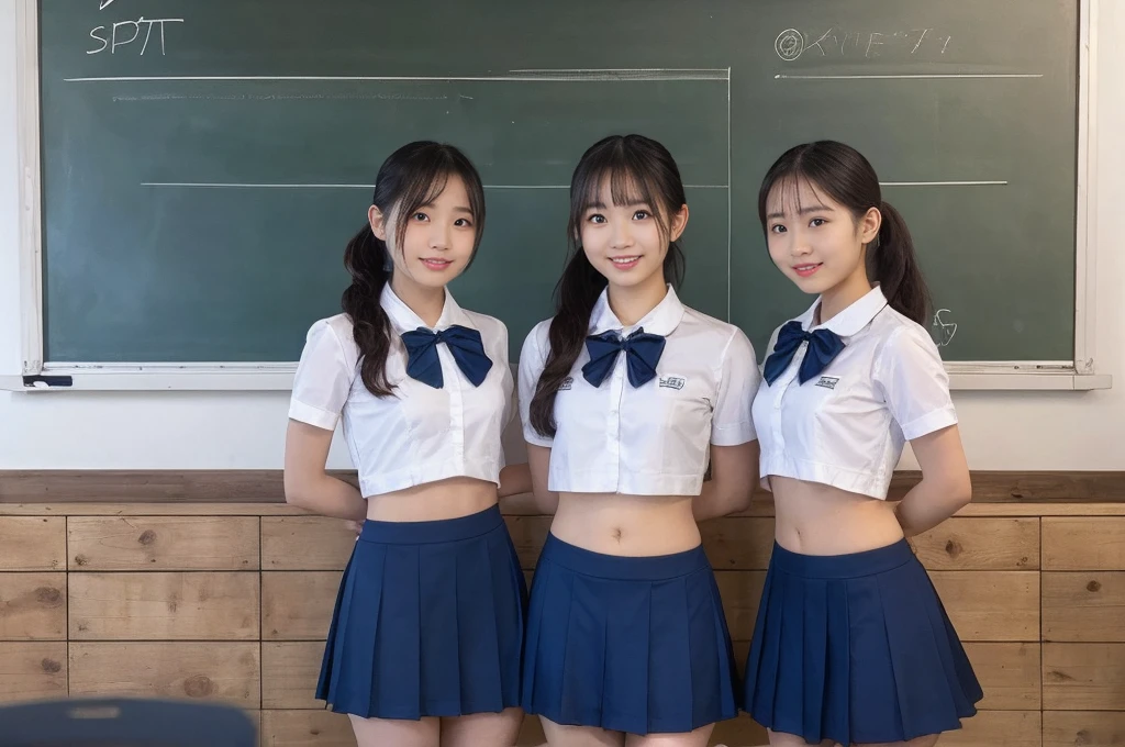 (15-year-old girl)、(Colorful uniforms)、(No sleeve)、Show your armpits、(Laughter)、(Colorful underwear)), Behind her are her two best friends、Sitting, They hug the male teacher&#39;s legs