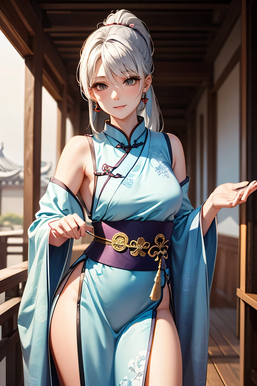 Best quality, masterpiece, super high resolution,4k, full HD, super high quality, ((mobile legend, kagura)), blue kimono, hold an umbrella, white hair, blue eyes, (smiled softly:0.8), don't wear underwear, night time, lanterns around, sexy, show pussy, sexy thighs