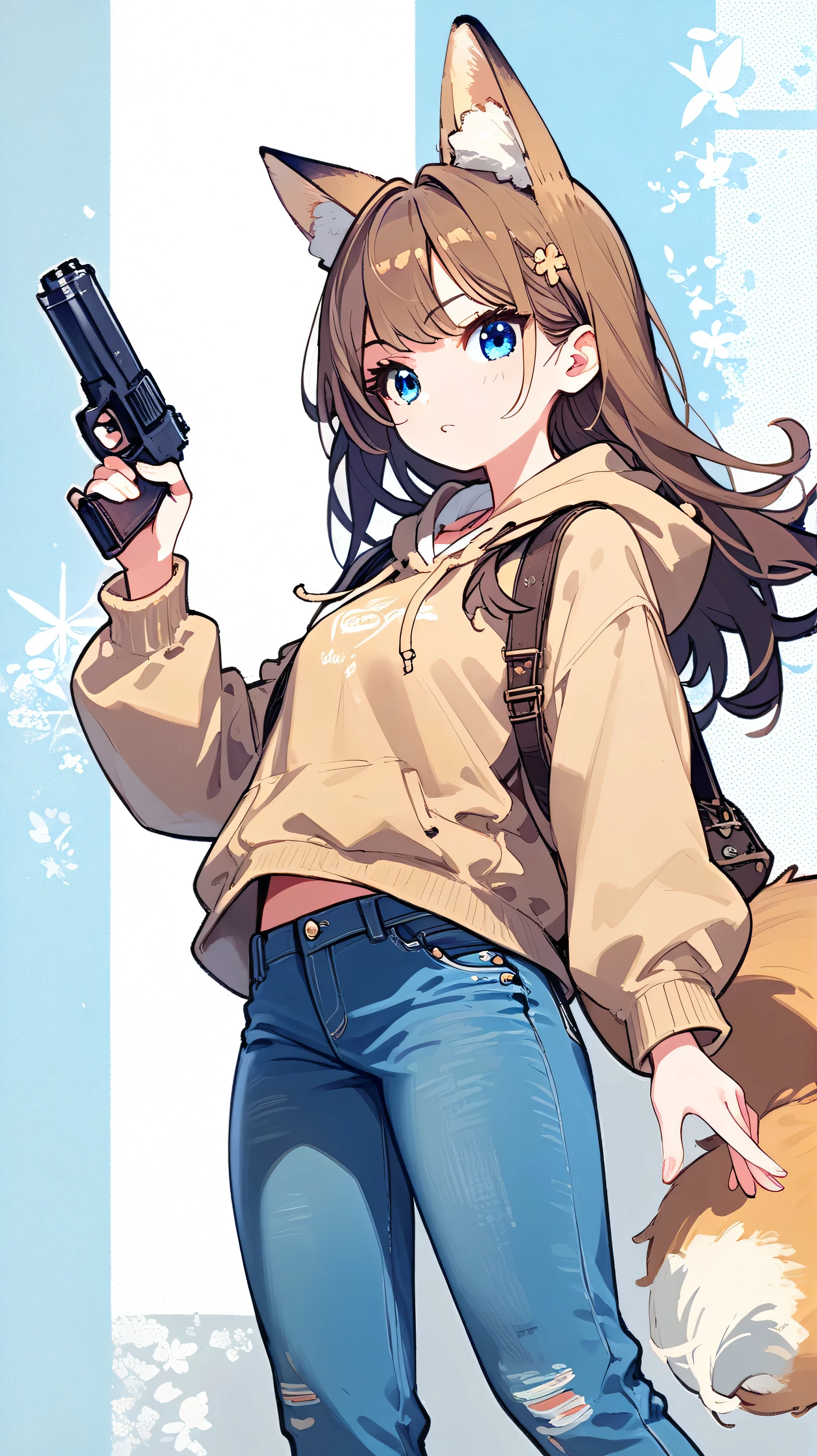 Female, long hair, blue eyes, brown hair, animal ears, fox ears, tail, anime ,holding a black Handgun in both hands,beige hoodie and jeans,