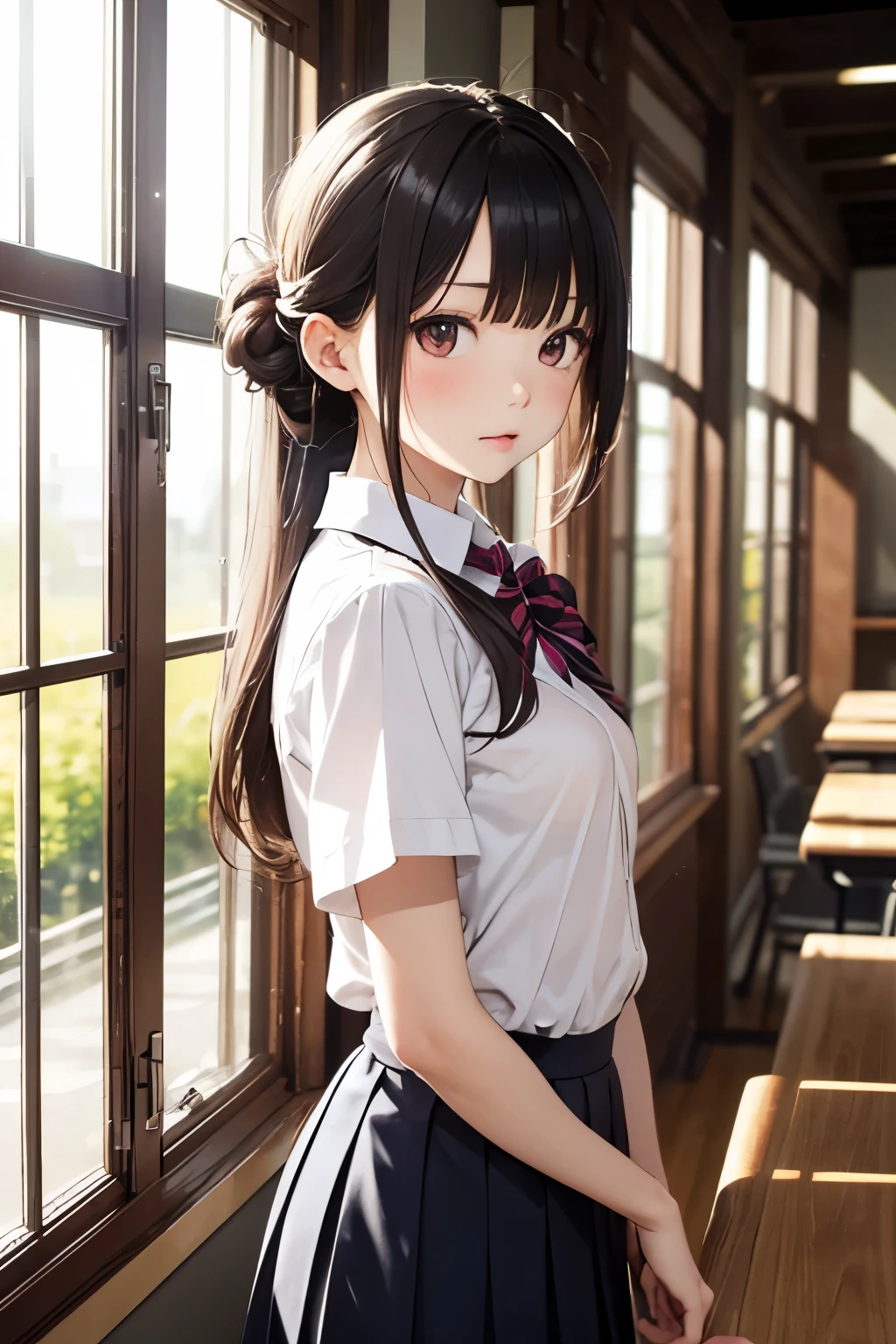(Highest quality: 1.3), (masterpiece: 1.3),8K,Cinematic lighting,Official Art,One Young Woman, , A face that looks young、double eyelid、Fine grain、Glossy lips、Long brown hair, Wear a sailor uniform,Short sleeve,Pleated skirt,(Ultra Mini Skirt:1.5), sitting at a desk in the classroom, (smile),(Slim body:1.2)、(Thin arms:1.2)、