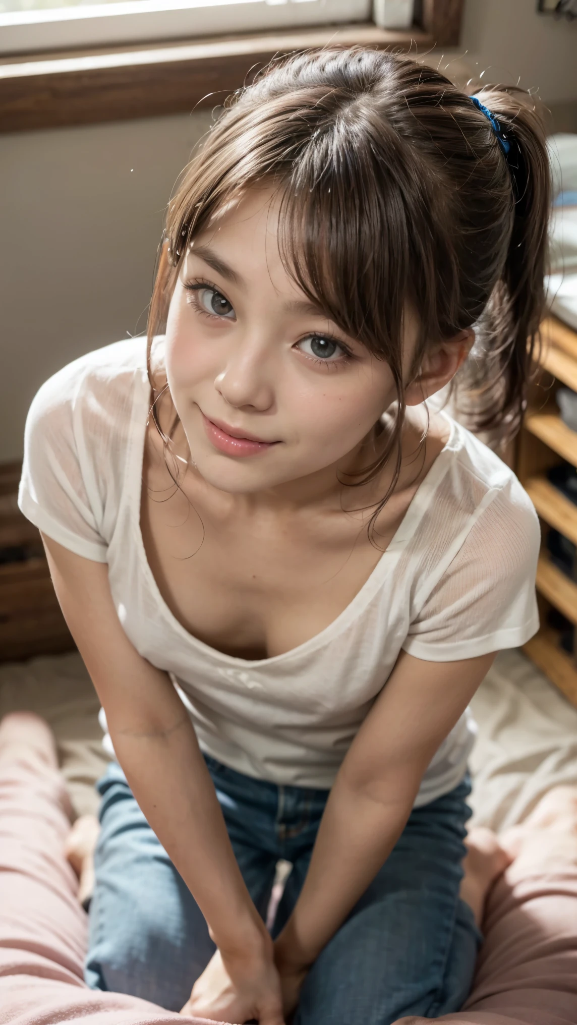 2girl,(li:1.2),(small brests:1.2),(skinny:1.2),high school student,beautiful girl,(short ponytails:1.2),akb48,nogizaka46, yuri,lesbian,a photo of a woman is sticking out her tongue to taste and lick the vulva of another woman lying with her spread legs,

mouth and lips and parted lips and tongue and tongue out and licking pussy,oral,from above,extreme face close-up and pov,