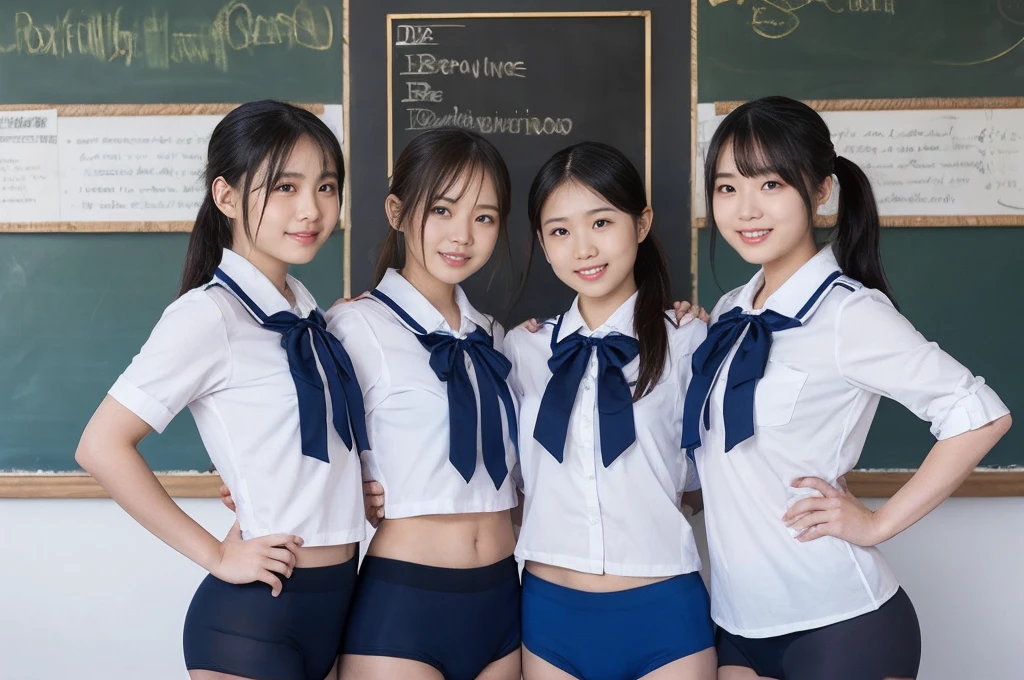 girls standing in school classroom,white tankini top with white collar with button and plaid bow tie,white tankini bottom with plaid ruffles,18-year-old,bangs,a little smiles,thighs,crotch,knees,short cut hair,low ponytail,from below