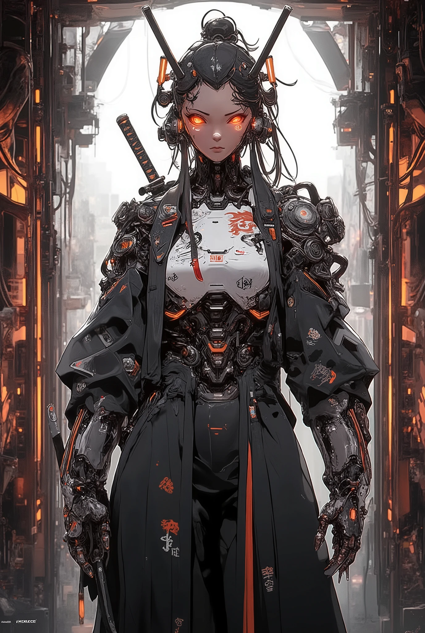 ((anime art style illustration)) of (perfect Asian cyberpunk girl samurai))), (((wearing incredibly detailed ornate cyberpunk Samurai armour))), ((LED lights)), (((Japanese Kabuki hairstyle))), perfect features, ((((full figure) dynamic pose))), (((starship interior))), (((Syd Mead art style))), abstract beauty, near perfection, pure form, concept art, intricate detail, 8k post-production, High resolution, super Detail, art station Trends, sharp focus, studio photos, intricate detail, Very detailed.