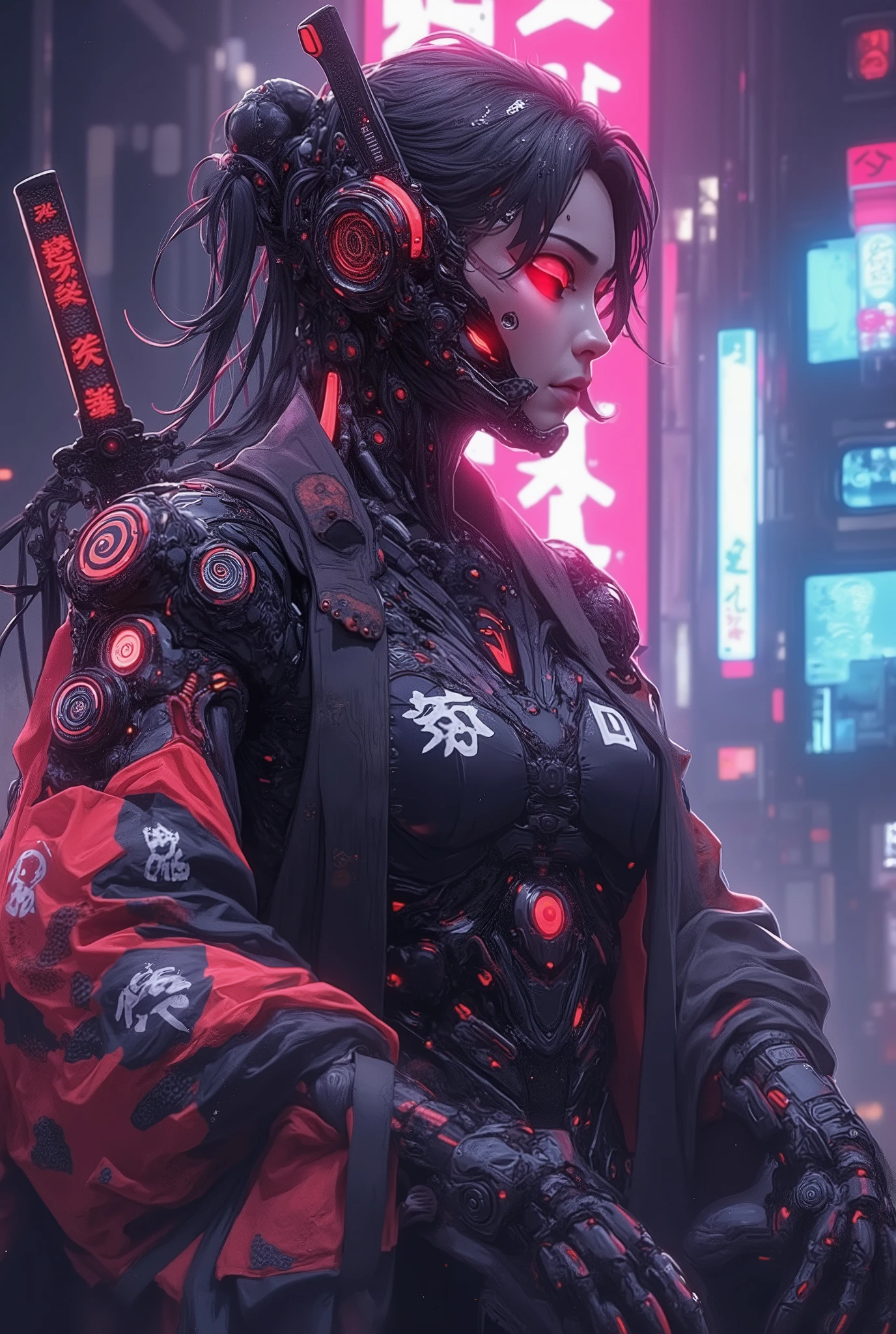 ((anime art style illustration)) of (perfect Asian cyberpunk girl samurai))), (((wearing incredibly detailed ornate cyberpunk Samurai armour))), ((LED lights)), (((Japanese Kabuki hairstyle))), perfect features, ((((full figure) dynamic pose))), (((starship interior))), (((Syd Mead art style))), abstract beauty, near perfection, pure form, concept art, intricate detail, 8k post-production, High resolution, super Detail, art station Trends, sharp focus, studio photos, intricate detail, Very detailed.