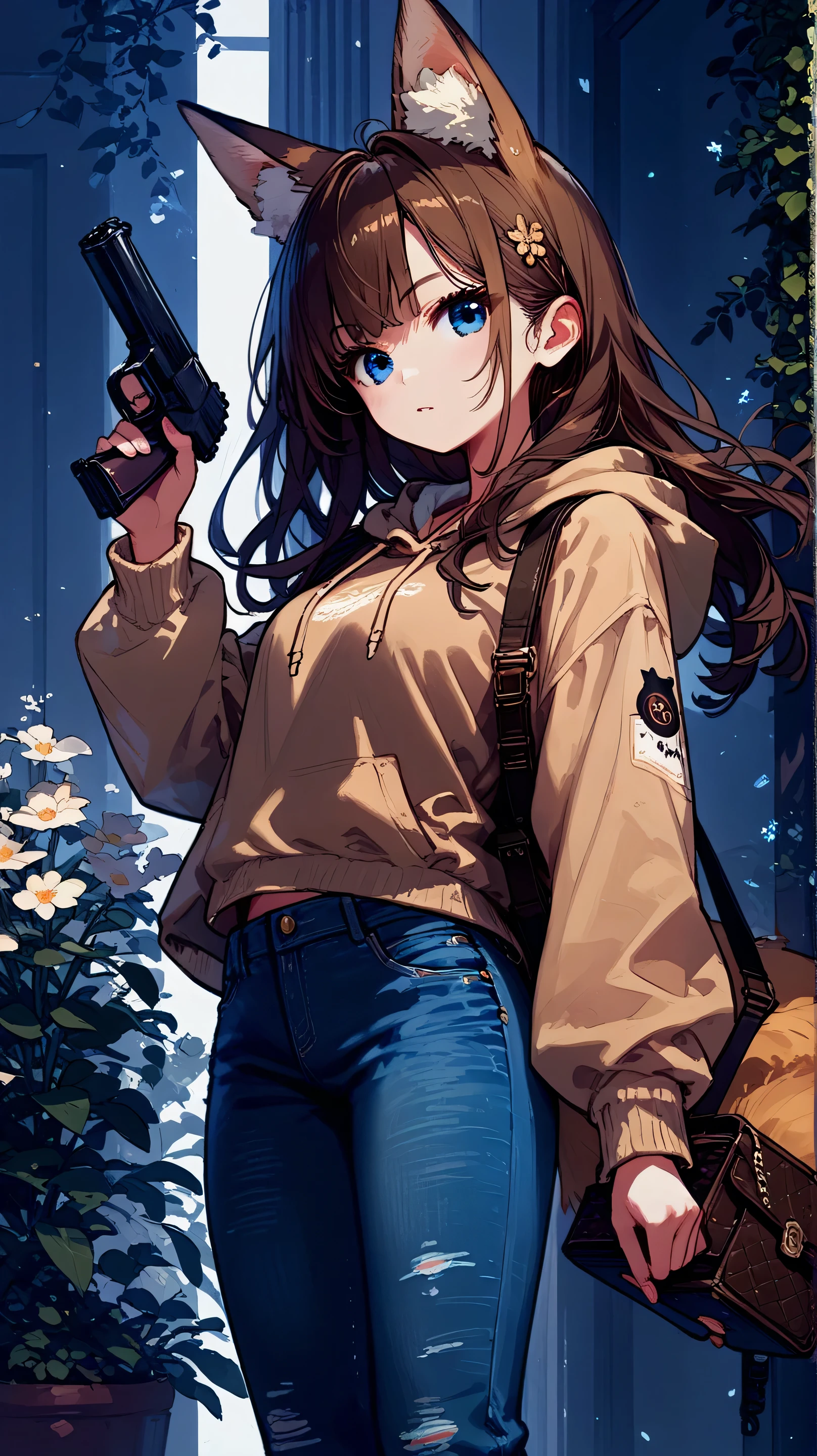 Female, long hair, blue eyes, brown hair, animal ears, fox ears, tail, anime ,holding a black Handgun in both hands,beige hoodie and jeans,