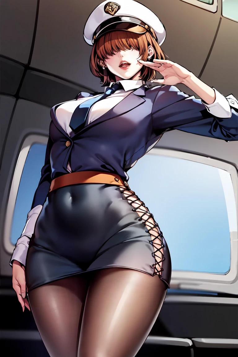 mature woman, hair over eyes, arm up, small breasts, brown background, brown hair, brown pantyhose, buttons, cowboy shot, double-breasted, earrings, green eyes, hand on own thigh, hat, high-waist suspender pleated black miniskirt, jewelry, leaning forward, white long sleeves collared shirt, sleeves past wrists, looking at viewer, necktie, open mouth, pantyhose, white peaked cap, salute, short hair, smile, solo, stud earrings, tie clip, underbust,
inside an airplane,
BREAK
highly detailed background, stunning, full color, detailed depth, cinematic lighting