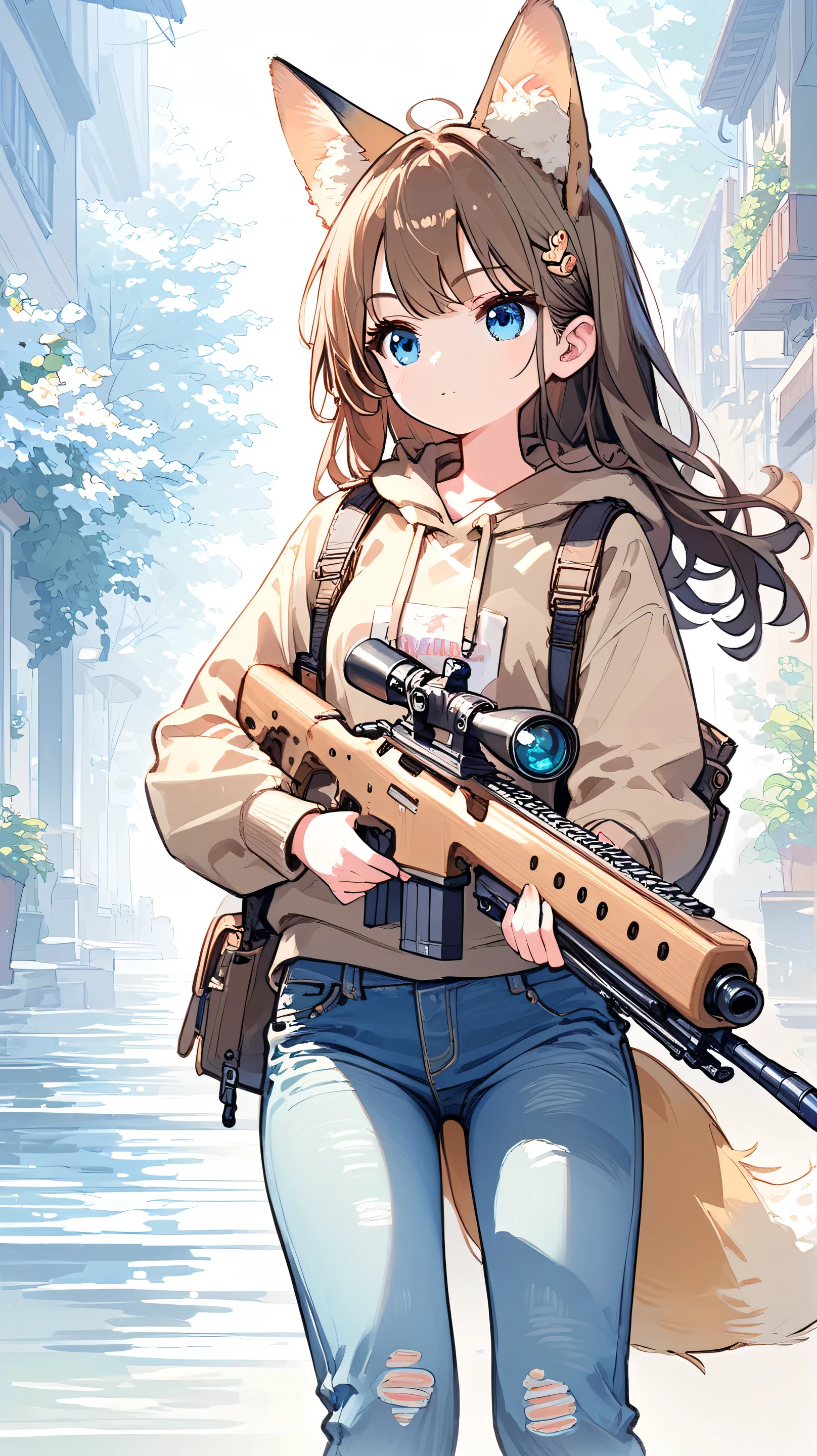 Female, long hair, blue eyes, brown hair, animal ears, fox ears, tail, anime ,holding a black rifle in both hands,beige hoodie and jeans,