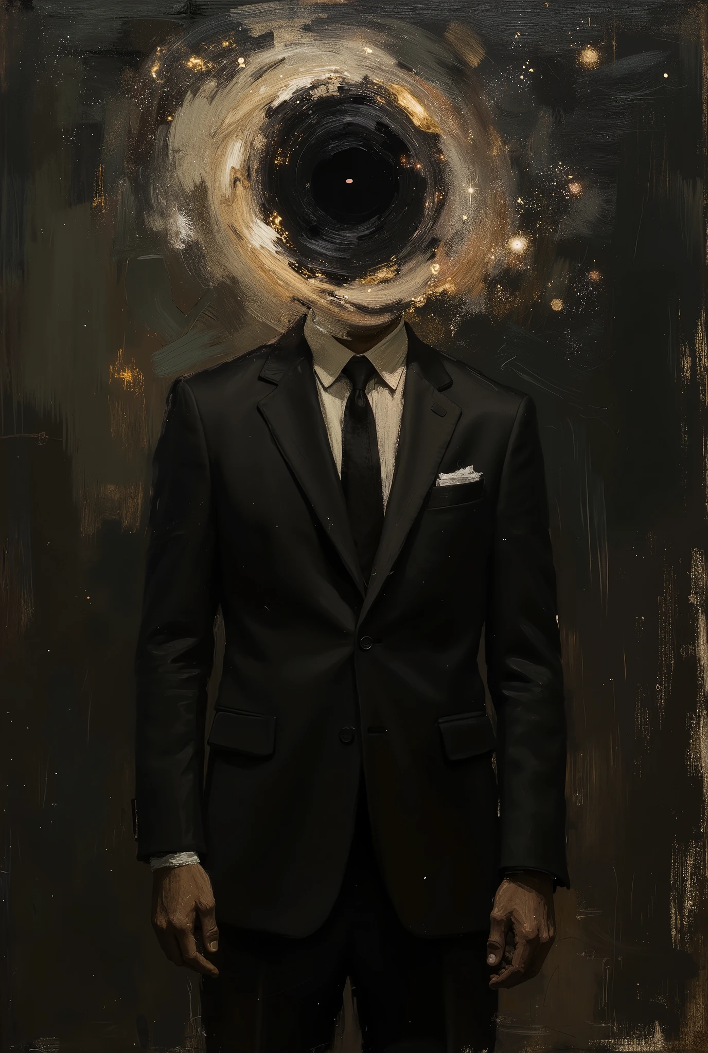 Man in suit with black hole galaxy head black background ((Oil painting)) ((greek painting)), ((dark theme))