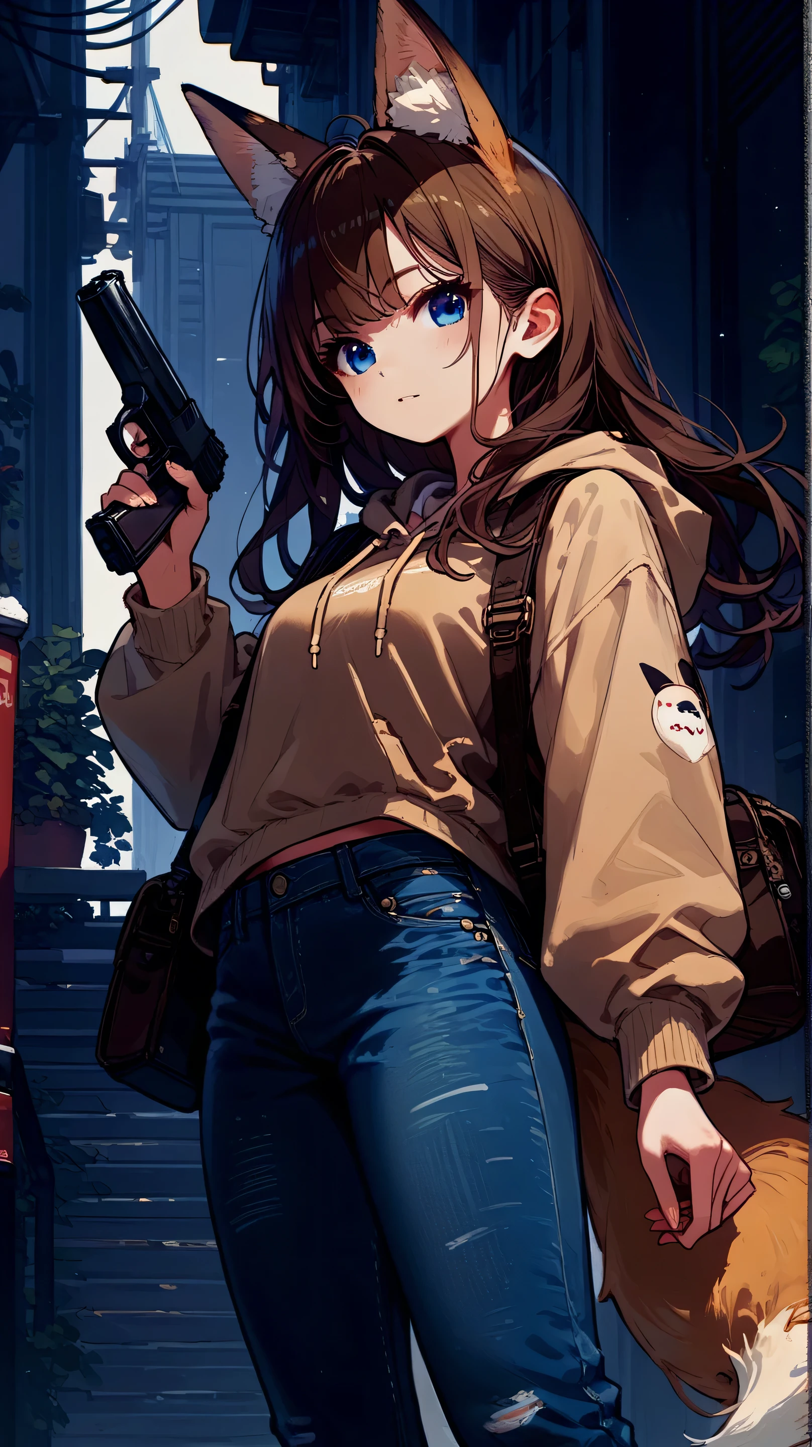 Female, long hair, blue eyes, brown hair, animal ears, fox ears, tail, anime ,holding a black Handgun in both hands,beige hoodie and jeans,