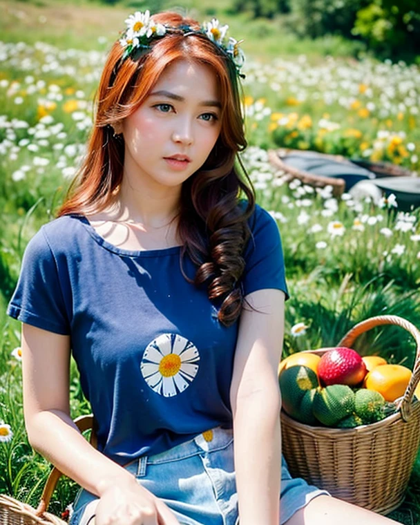 (girl:1.2),alone, (ginger long curly hair:1.1), brown eyes, Wearing a daisy wreath on your head, Sit in a daisy field, (fruit basket:1.1), blue shorts, red shirt,,raw,photographic,photo shadows,actual,Ridiculous,Aesthetic,elegant