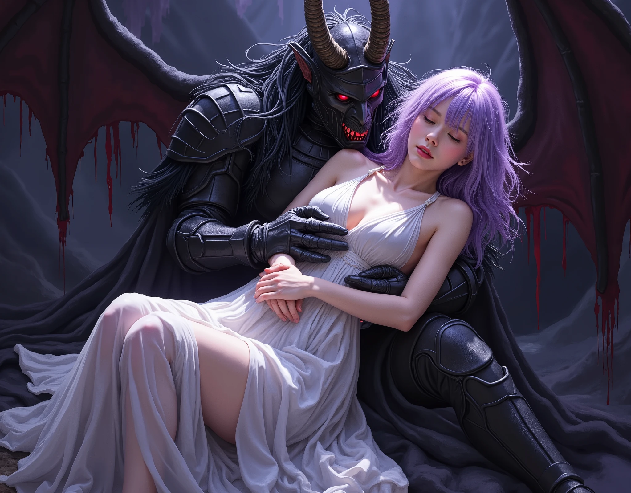 top quality、nsfw、Bondage、Japanese woman in slightly realistic anime style 、torture、 erotic 、penalty、 slave、limit、bondage、Sacrifice、Beautiful woman with long light purple hair 1 :5( messy hair、 lying on the devil's arms1:5)、SEE-THROUGH AND SEXY WHITE DRESS (Small chest、Too much exposed skin、Torn and tattered、 sleeveless、 deep v-neck、Sideboob、 belly button out、 Deep Slit Long Skirt )、失神し close my eyes because of the location女( close my eyes because of the location、Hang your head back、Limp and hang your arms )、 captured by a devil wearing luxurious black armor(Sharp red eyes、 big two horns、big、 hugging a lying woman with both arms 、 Princess Carrie)、 Black horrible monsters surround、Black Sun、 darkness、 Different Worlds 、 dungeon、dark fantasy、Pitch Black Hell