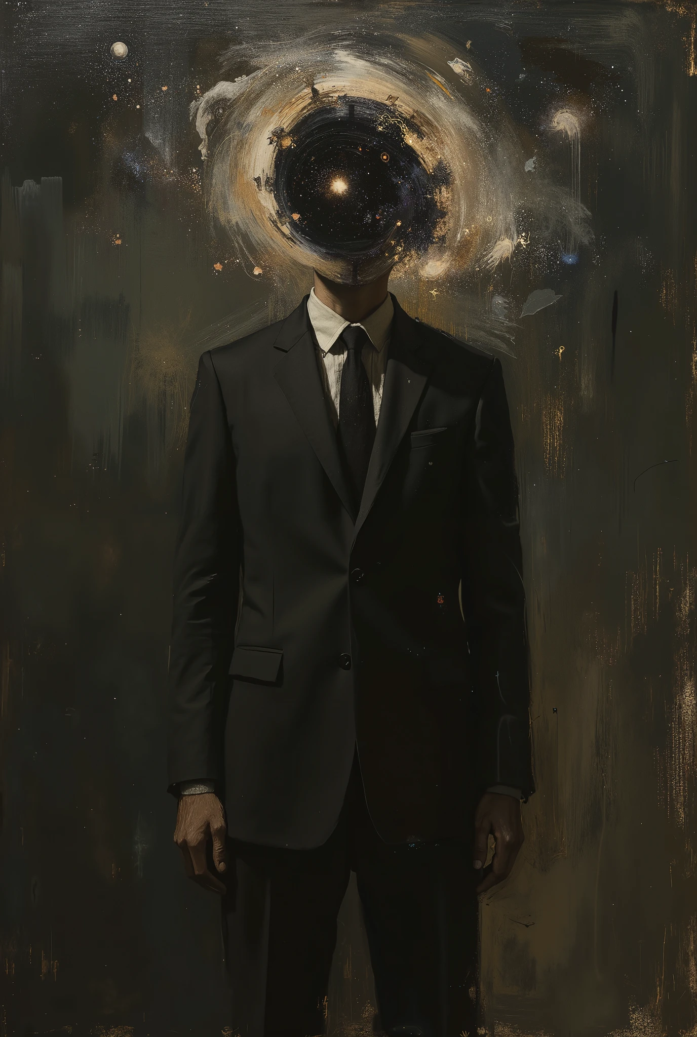 Man in suit with black hole galaxy head black background ((Oil painting)) ((greek painting)), ((dark theme))