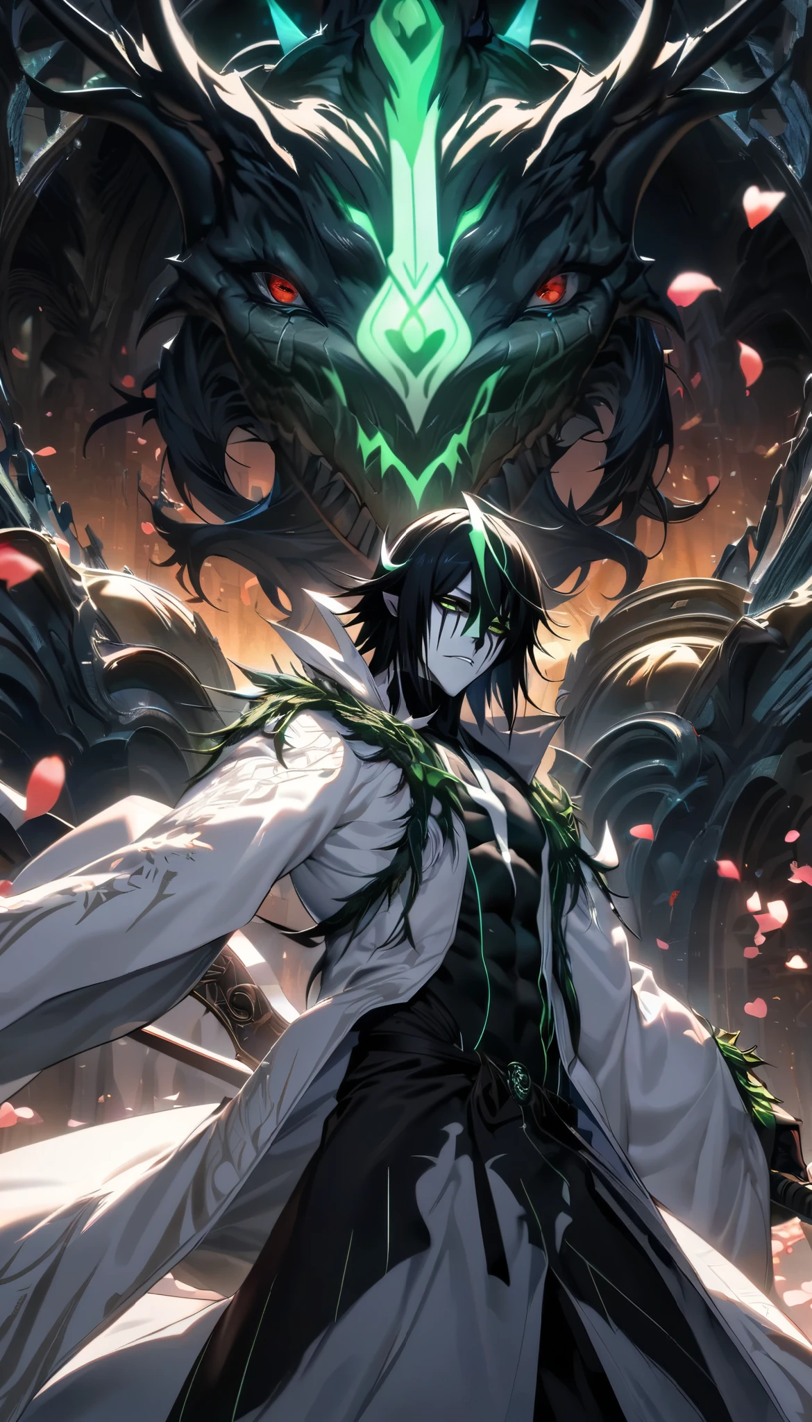 Black haired boy with fox ears and tail surrounded by green flames with red wings on his back