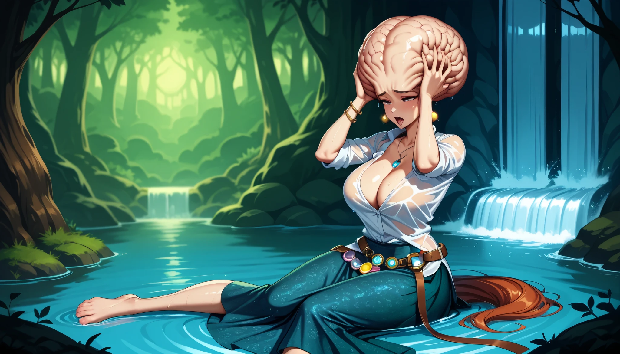beautiful bald sorceress sitting and washing her head in the magic waterfall, ((bald)), (big brain), cranium, wet head, (silver circlet), sassy, torogao, golden earrings, light blue button down shirt with rolled sleeves, pendant, ((cleavage)), big breasts, (untucked shirt), bracelets, (patterns), ornate open front slit skirt, potion belt, feet in water, (holding wig in hand), hands touching her head, magic forest, waterfall, fireflie