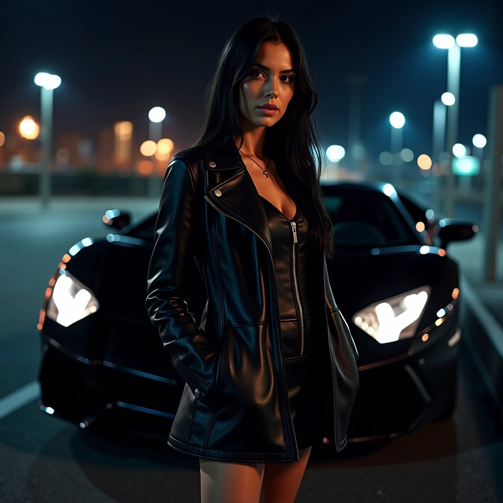 Create 25-year-old cute white girl with long black hair getting out black lamborghini aventor at night at Germany