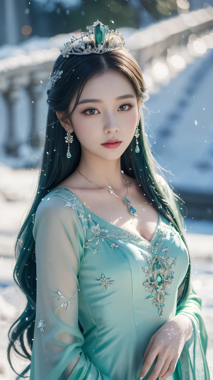 There was a woman in a green dress，Wearing a necklace,((a beautiful fantasy empress).inspired by Sim Sa-jeong，Azure.detailed hairs,winter snow falling princess,LCE Princess,Guvez-Steville artwork,8K)),fantasy aesthetic!.Guviz,Ice Queen,8k high-quality detailed art.