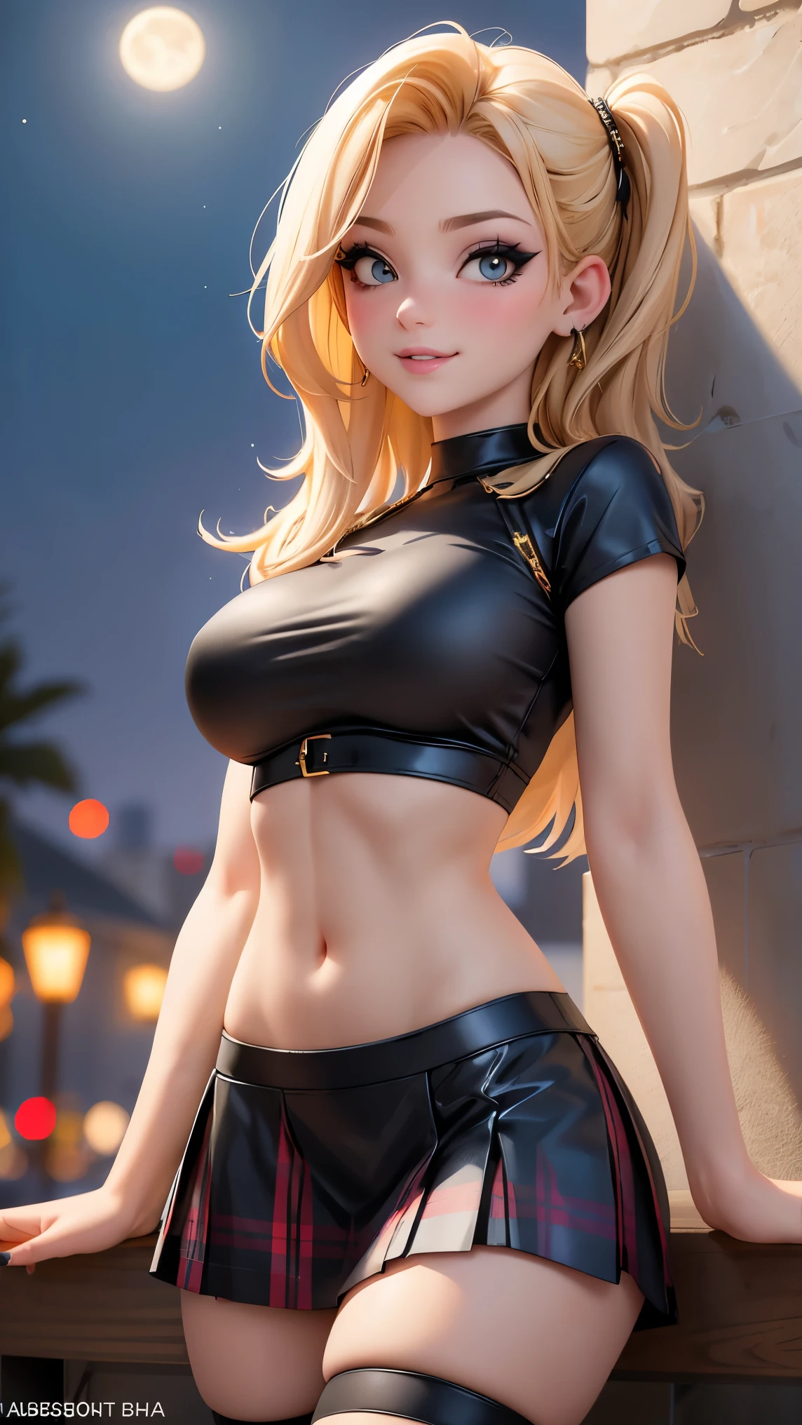 Beautiful woman with long straight ponytail blond hair with blue eyes wearing a Black Tight Leggings With Golden Dragon Prints, a Red Sexy Criss Cross Mock Neck Short Sleeves Blouse With Phoenix Prints, luxurious jewelry and a luxurious necklace, 18k gold wedding ring on left hand, standing in a beach at night of full moon, (caucasian skin), (light brown lipstick), (elegant mascara), (slim body with abs), (small breasts), (wide hips), midjourney, <lora:GoodHands-, <lora:GoodLegs-, UHD, high resolution, (masterpiece:1.1, best quality), (expressive eyes, perfect face, full body, expressive face, perfect body, perfect pussy, athletic, fit, slim body, blushing, Perfect makeup, eyeliner, beautiful eyelashes, smiling, horny face), ((best illumination, best shadows)), ((sexy pose))