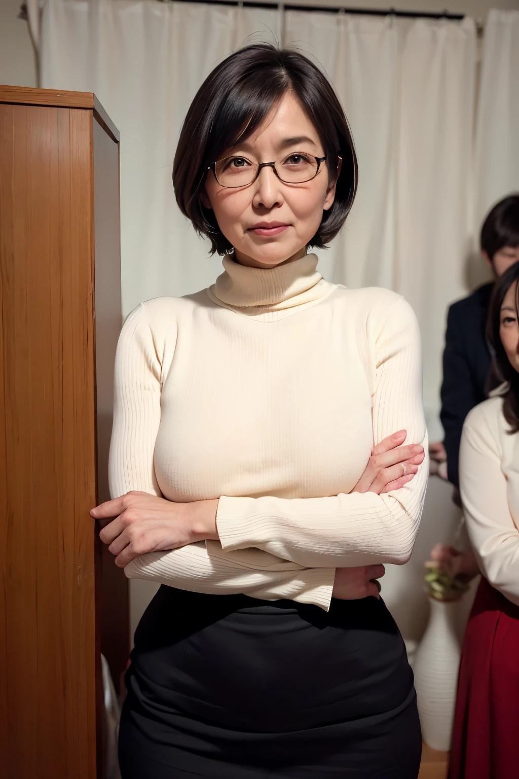 Solo.A woman standing in front of bed in a dimly room at night.She wears A thin red turtleneck sweater with a black bra showing through, A Beige short mini skirt with the thighs visible.She wears round glasses.High resolution, High level image quality, high detail, masterpiece, rough skin, anatomically correct, sharp, ((japanese mature, 47 years old)), solo, ((facial wrinkles)), good shape big breasts,, Chubby body type (((stand upright, facing the center of the screen.))), Looking at me,Super large udder,Angry expression. Crying expression.Has big breasts of J cup,cross her arms and stand,cross one's arms and stand,Classy women..((Best Quality:1.0)), (Photorealistic:1.3),(Raw photo),(Solo),Sharp Focus,finely detailed,High Quality, High Definition,japanese, 1 Middle Aged Woman,detailed face,(muscular:1.0), ,black short hair..Japanese mature, good shape big breasts,High resolution, High level image quality, high detail, masterpiece, rough skin, anatomically correct, sexy black pantyhose.perfect fingers.Bewitching expression on her face,maternal glance.looking at viewer.Seductive look.straight dark brown hair, with a bob cut that reaches just below the ears. The hair should be smooth and evenly cut, with no bangs. The character's hair should have a slight inward curve at the ends, giving it a soft, rounded appearance. It should look neat and simple, reflecting the hairstyle of Nobita’s mother, Tamako Nobi, from the Japanese cartoon Doraemon