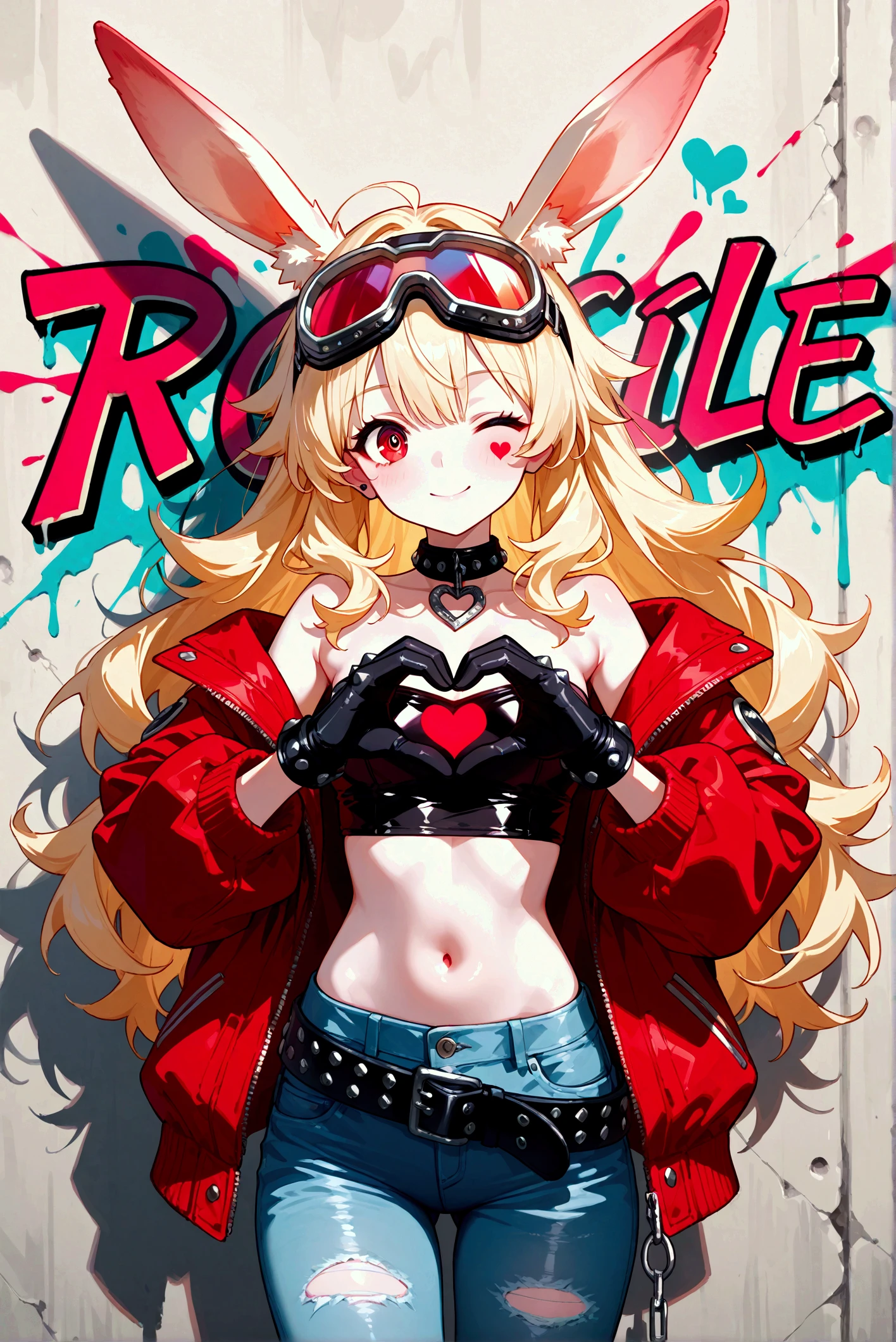 1girl,solo,yellow eyes,red hair,long hair, orc,orc girl,colored skin,green skin,huge breasts,(crown) ,jacket,tank top,eyepatch,muscular female, smirk, upper body,looking at viewer,magazine cover,midriff