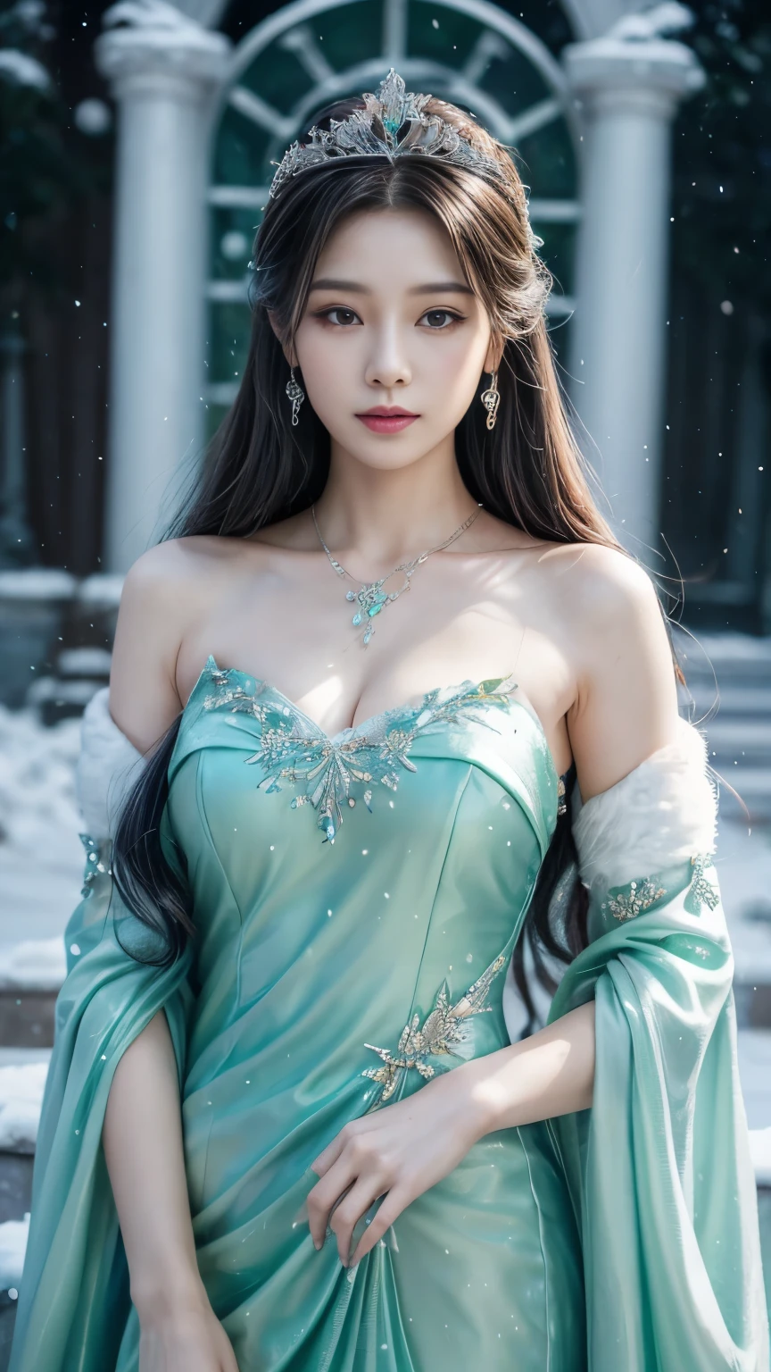There was a woman in a green dress,Wearing a necklace,((a beautiful fantasy empress).inspired by Sim Sa-jeong,Azure.detailed hairs,winter snow falling princess,LCE Princess,Guvez-Steville artwork,8K)),fantasy aesthetic!.Guviz,Ice Queen,8k high-quality detailed art.