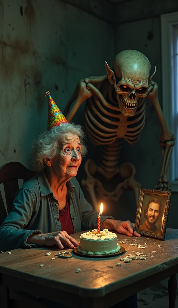 <lora:Horror_Snowman_Happy_New_Year_SDXL:1.1>, crasno, outstretched arms, open mouth, 2others, food, zombie, "happy new year", table, indoors, painting \(object\), window, bottle, horror \(theme\)