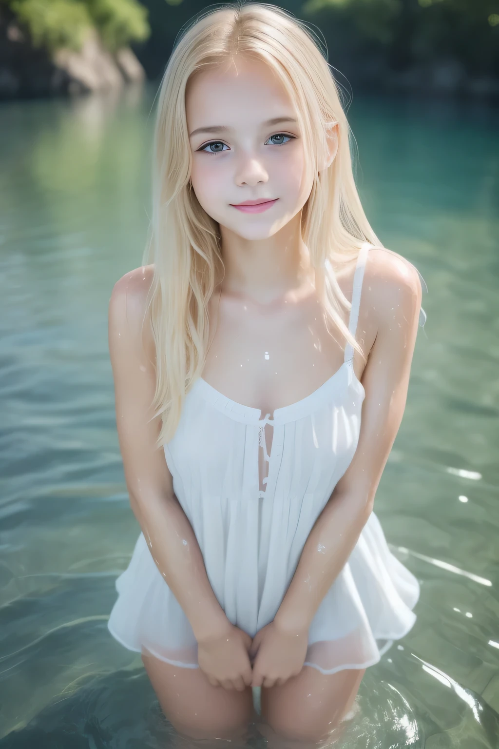 (((Small and ish、-face cute)))、((A wet white dress with a wide chest ))、(( Bright Blonde Hair 、Young and Tight Breasts 、Thick legs、Soft Skin、Slightly rounded figure 、I'll lean forward and stand in the water and look at me))、( high definition 、Lifelike image quality、Realistic, detailed skin texture、 anatomically correct human body structure)、( The center of the clear blue lake 、 wet and shiny skin )、(From knees to face)