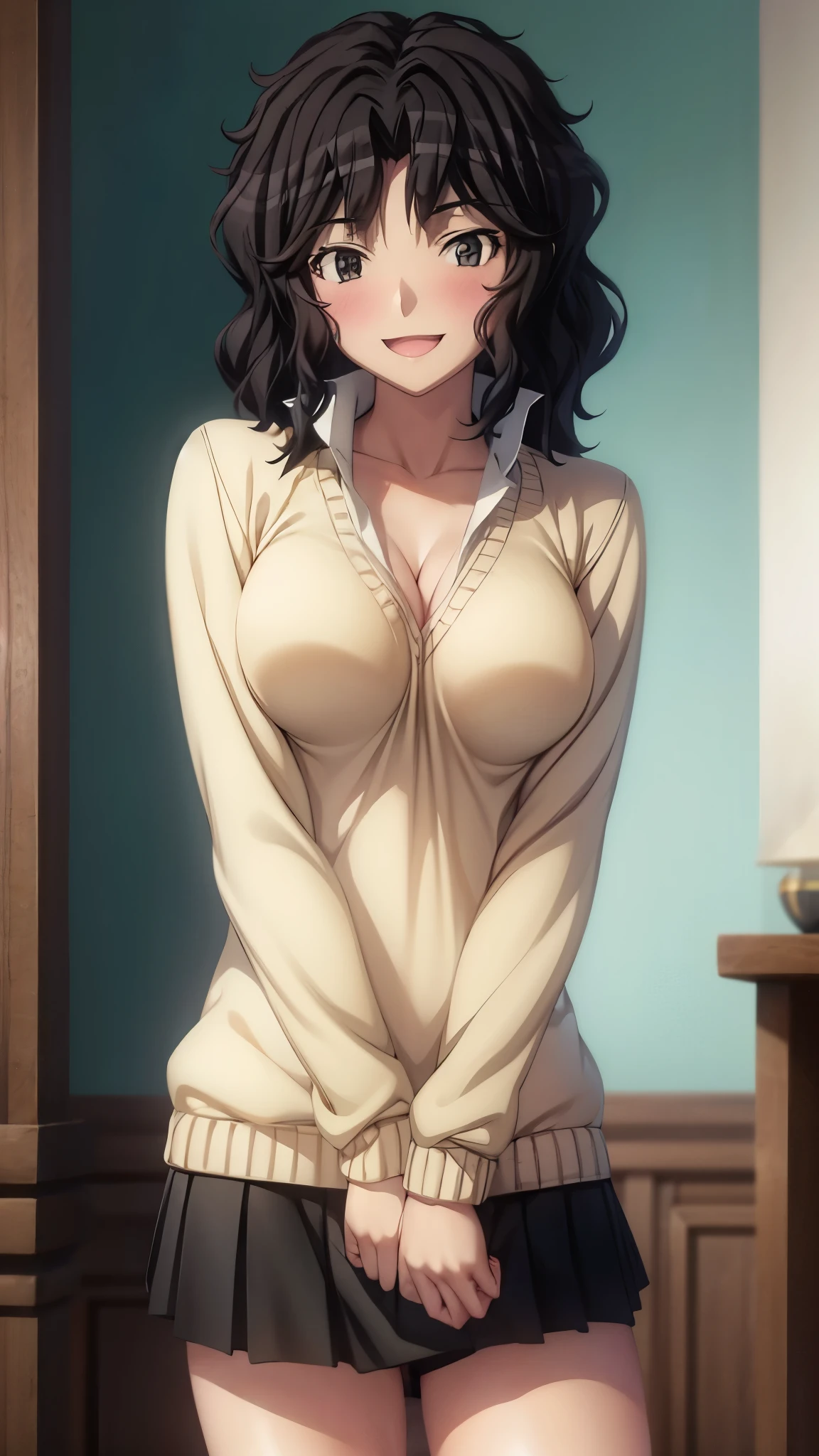 ( super high quality ,Ultra high resolution,16k,super masterpiece,Ultra HD ,Detailed shading and background,) sexy girl ,( white shirt, cleavage in years, cream sweater, black miniskirt,)smile,blush,