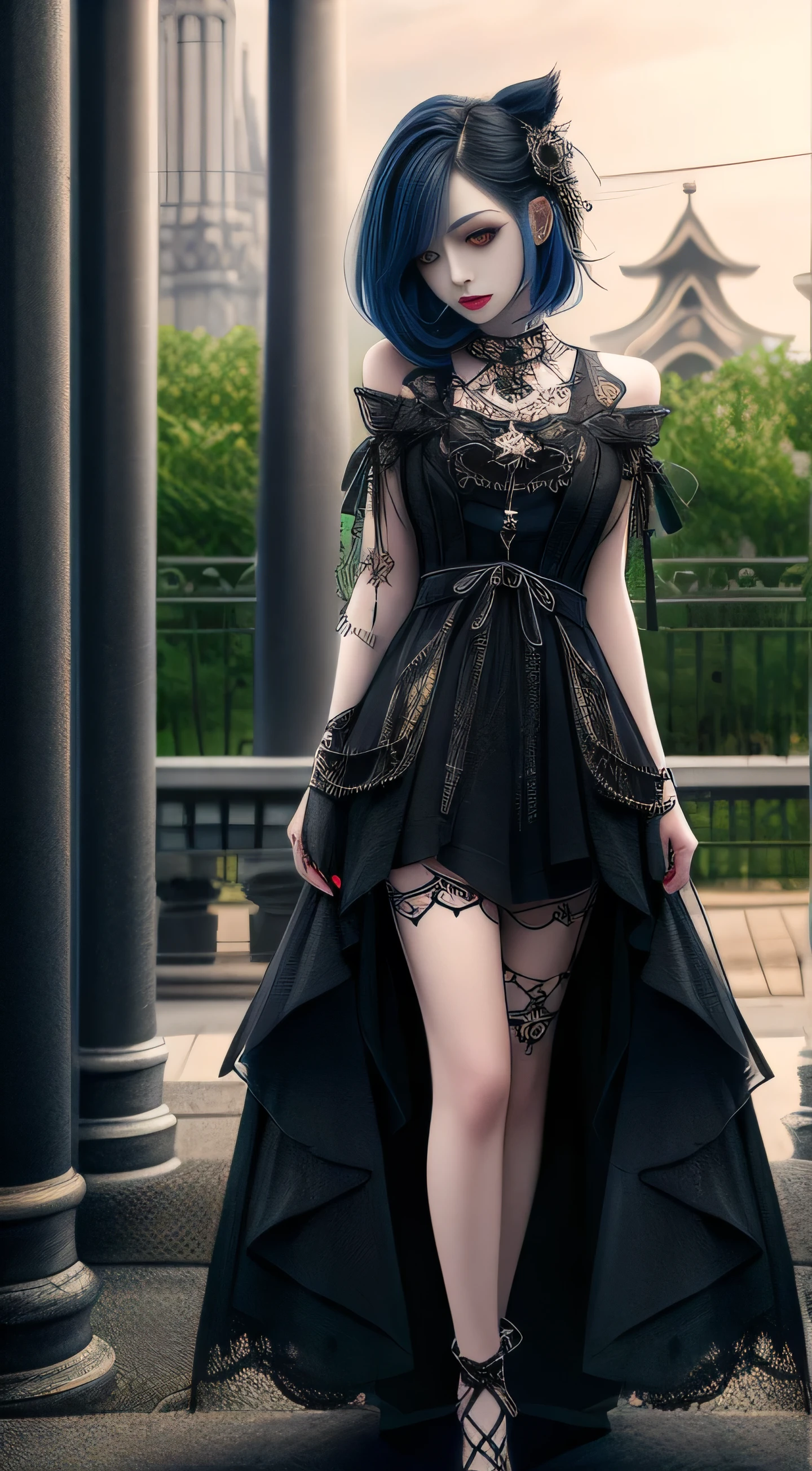 High-quality painting, color enhanced, luminous, beautiful woman,, wearing punk-style gothic dress , lomg black hair, punk-style makeup, blue eyes, thin body, thin limbs, Hatsumode, shrine in background, a dawn town