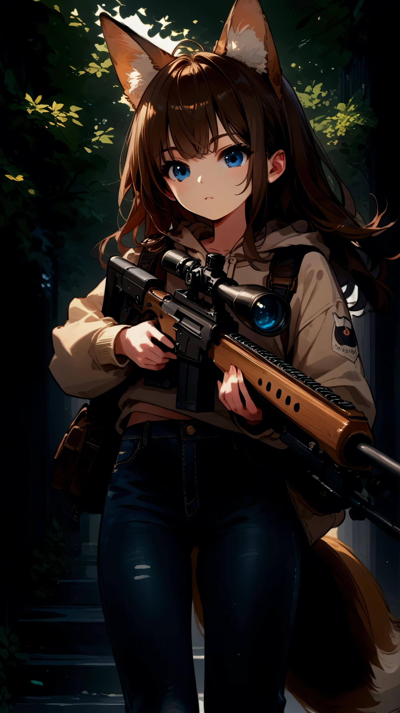 Female, long hair, blue eyes, brown hair, animal ears, fox ears, tail, anime ,holding a black rifle in both hands,beige hoodie and jeans,