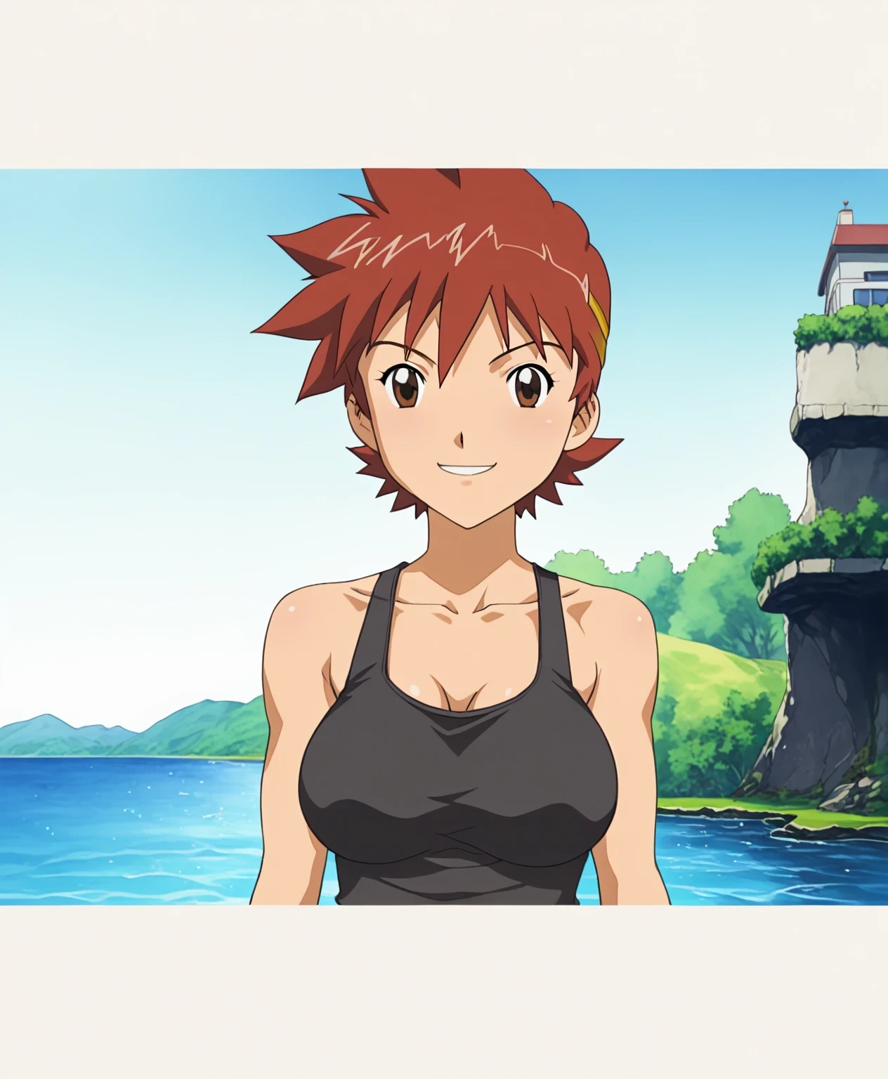 score 9 , score 8 up, score 7 up, source anime, masterpiece, best quality , high resolution, 1girl , red hairのアニメの girl , alone, Classic girl , Vibrant , girl , created by anime Painter Studio, Handsome, Girl Romance , Brave, anime style, official fanart , ponytail, Short Hair, red hair, faint smile , brown eyes, visual novel , High definition fanart , Colored Sketch anime manga Panel, Muscular Girl , 2000s anime Art Style , Big Breasts, collarbone, big breasts, anime/manga, Painted in an anime artist's studio, In anime style, feminine and muscular, fanart, clothing: black tank top , girl wearing denim shorts , anime dick!!!!, skin tight tank top, Bare shoulders, Painted in an anime artist's studio, plain tank top, realistic anime art style, digital animation art!!, basic tank top, Bare shoulders, Bare Arms, in Bowwater art style, captivating anime girl , anime Drawings, looking at viewer, cowboy shot , girl focus, standing, outdoors, tomboy atmosphere, a manly girl, boyish atmosphere,