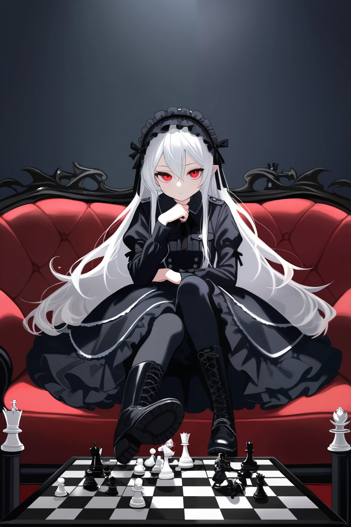 Vampire , girl ,   , White hair , Long hair , Red eyes , Black Gothic Dress , chess , Chessboard , German military uniform from World War II , Black boots , Lolita , cool