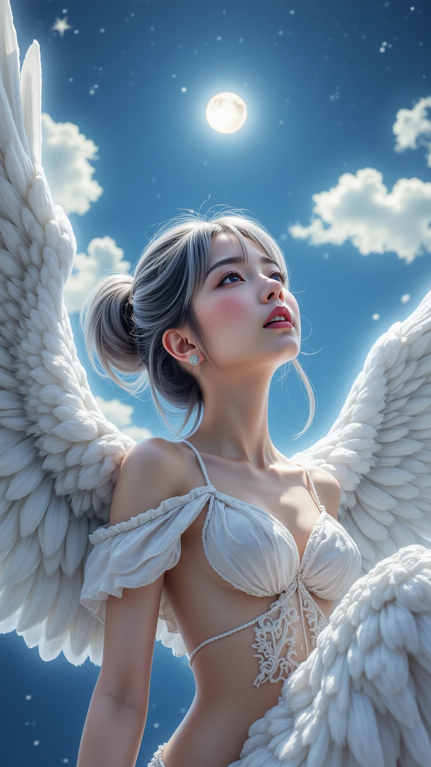 real photograph, (masterpiece), (highest quality), (Super detailed), (messy hair), (shape), one japanese girl, (White chiffon frill bikini), White Angel Wings, sitting down, Fashion Model, (background is Heaven), fine and beautiful eyes, japanese pretty faced, floating, (high color saturation), focus on face, silver bob cut hair, floating Hairs, (shining), best writing, best shadow,