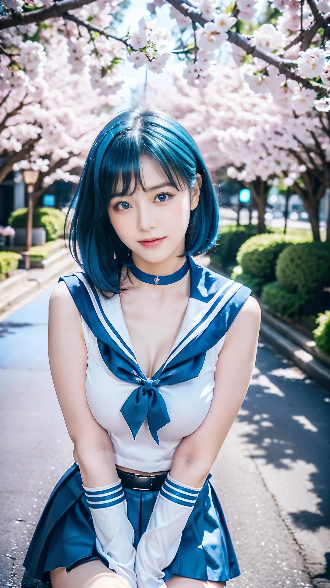 1 person, walk, cute girl ((Thigh Emphasis)), young and beautiful Japanese woman, with a garden background, large breasts, firm breasts, smile, ((sailor soldier uniform wearing elbow)), Sailor Mercury, tie, knee-high boots, choker necklace, white gloves, blue choker necklace, elbow, Long gloves, jewelry, earrings for a woman alone, (( Very Short Blue Pleated Mini Skirt )), ( inverted skirt ), ( white underwear ), very beautiful face,Cute type, (slightly round face), , shiny lips, beautiful big eyes, blue eyes, Prominent double eyelids, (natural makeup), bright soft light, (((blue hair))), short floating blue hair, Asymmetrical Blue Bangs, Floating Blue Hair Nova Frog style, 【imaging center, 8k resolution,】 Attention to Detail, intricate hairstyles, detailed aspects,Writing a script for a movie,Rendering Octane, super realistic, anatomically accurate, perfect figure,Beautiful legs, thick thighs, (provocative and dynamic pose), (hands drawn perfectly):3.8, Octane rendering, road background, cherry blossoms, cherry blossom trees in a row, realistic.