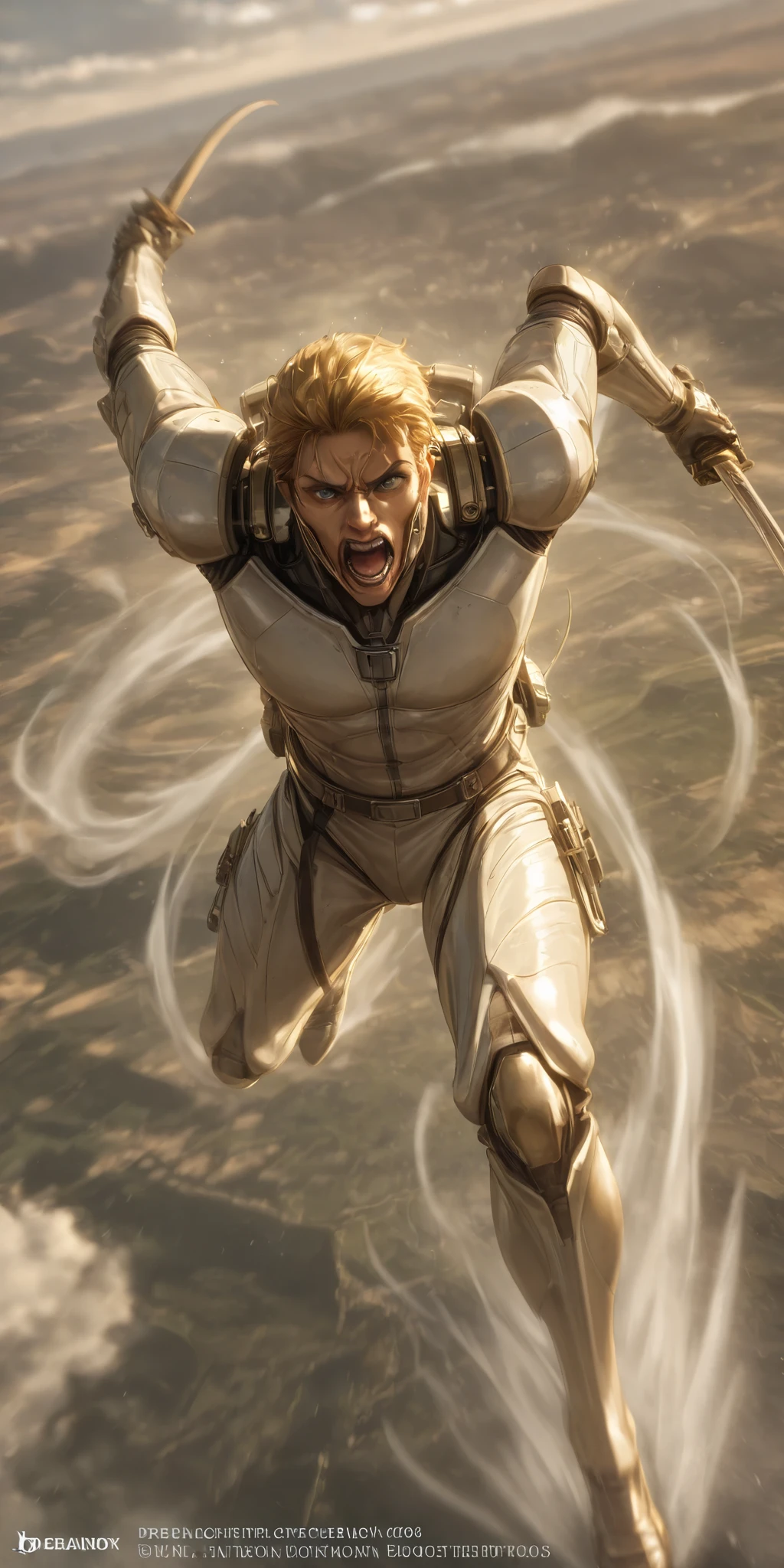 Alone,1 boy\(Levi Ackerman\( giant attack \), lDiving down Titan from above with 3D Maneuvering Equipment, slow rotation , blurred motion ,( active posture ),mad ,angry, mouth opening , holding 2 swords \).anthro, Screen capture . dynamic angle .  break  . Quality  \(8k,extremely detailed CG unit wallpaper,  High resolution , top- Quality  , top- Quality   real texture skin,  hyper-realistic ,  increase resolution , RAW Image, best  Quality  , high detail, wallpaper,  golden ratio ,  high saturation realism ,   brilliant color ,  Impressive light ,  compelling storytelling ,   landscape  không khí ,  charming images ,   intricate detail  , strong emotions,  dreamlike world \).  landscape  , dutch angle,  action shots ,( blurred motion :1.3), limited colors , tense battle scenes 