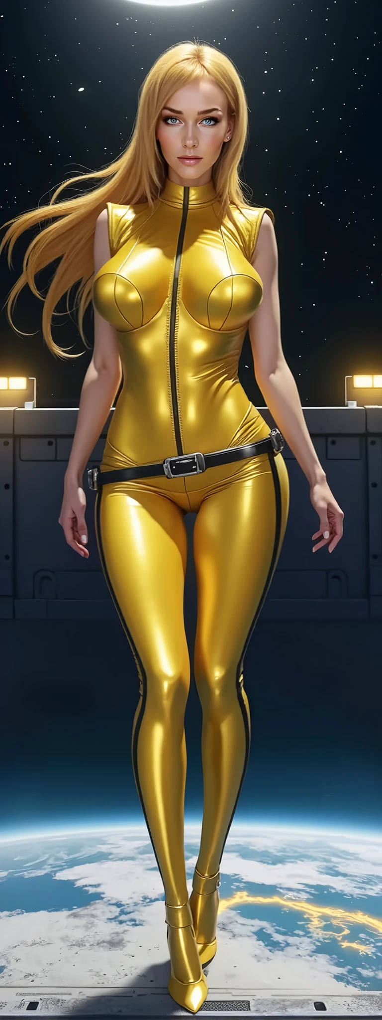 Best quality, 8K, woman retro super hero futurism, beautiful and detailed face, big eyelashes,LOOKING TO observer, ponytail,BLONDE hair, TRANSPARENT BEIGE LATEX BEIGE CATSUIT, GOLD metalic details, BEIGE TAN pantyhose, sheer TAN gloves,sci-fi RETRO SPACESHIP scenario