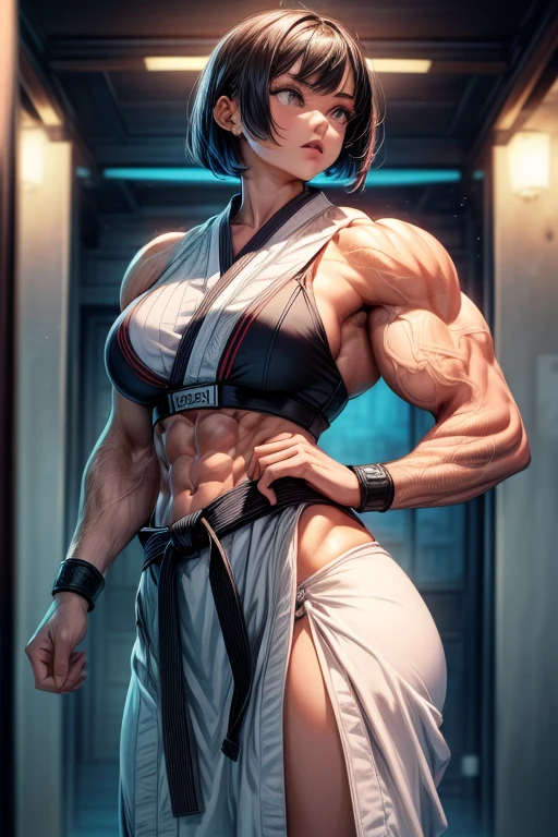 ((dojo:1, female, girl, taekwondo, street fighter:1, karate dress:1, dojo background, karate, ,martial arts)),high contrast, (8K UHD:1.2), (photorealistic:1.2),(masterpiece:1.4), (best quality:1.4),extremely detailed wallpaper, highly detailed illustrations, ((1 Girl)) , (super-complex details) official art, unity 8k wallpaper, ultra detailed, beautiful and aesthetic, masterpiece, best quality, (zentangle, mandala, fantasy, elf), (fractal art:1.3) , masterpiece, , intricate detail,),((bulking)),(body muscular:1.4),bob hair,busty,sexy,curvy,crazy abs, upper , bob hair
