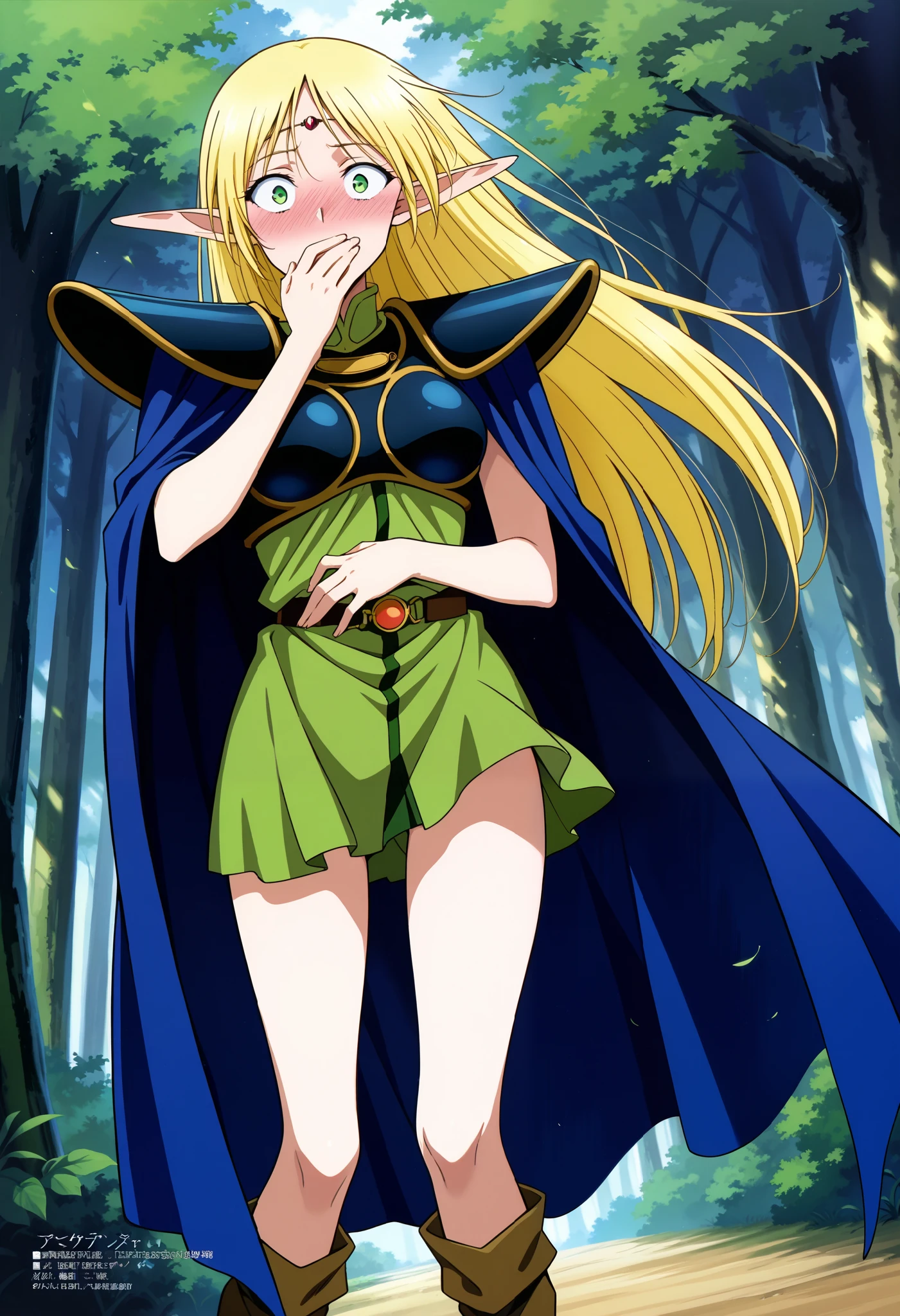 score_9,score_8_up,score_7_up,source_anime,anime,rating_explicit,High quality,Ultra detailed,best quality,insanely detailed,beautiful,masterpiece,perfect lighting BREAK day,outdoors, deedlit, 1girl, solo, blonde hair, long hair, elf, pointy ears, long pointy ears, green eyes, wide-eyed, medium breasts, a surprised
face, nose blush, blush, green dress, mini skirt, circlet, sleeveless,shoulder armor,armor,breastplate,cloak,blue cloak,boots, front view, looking at viewer, forest, standing, wind, a fluttering hair, hand on own mouth, hand over mouth, covering mouth with own hand, hand on own stomach, holding own stomach. Dutch angle.
