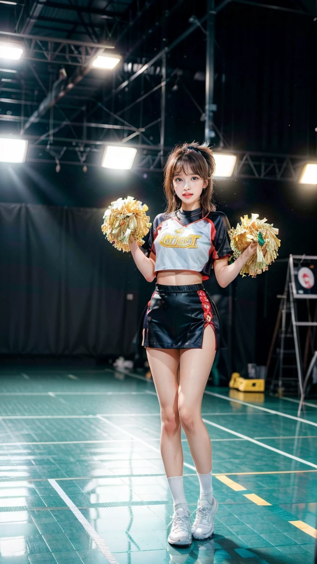 a hot sexy Japanese girl, black hair, tall, long legs, joyful face, cheerleader costume, standing split, leg up high, in the stadium, (detailed face), white panties under cheer skirt, from knees up