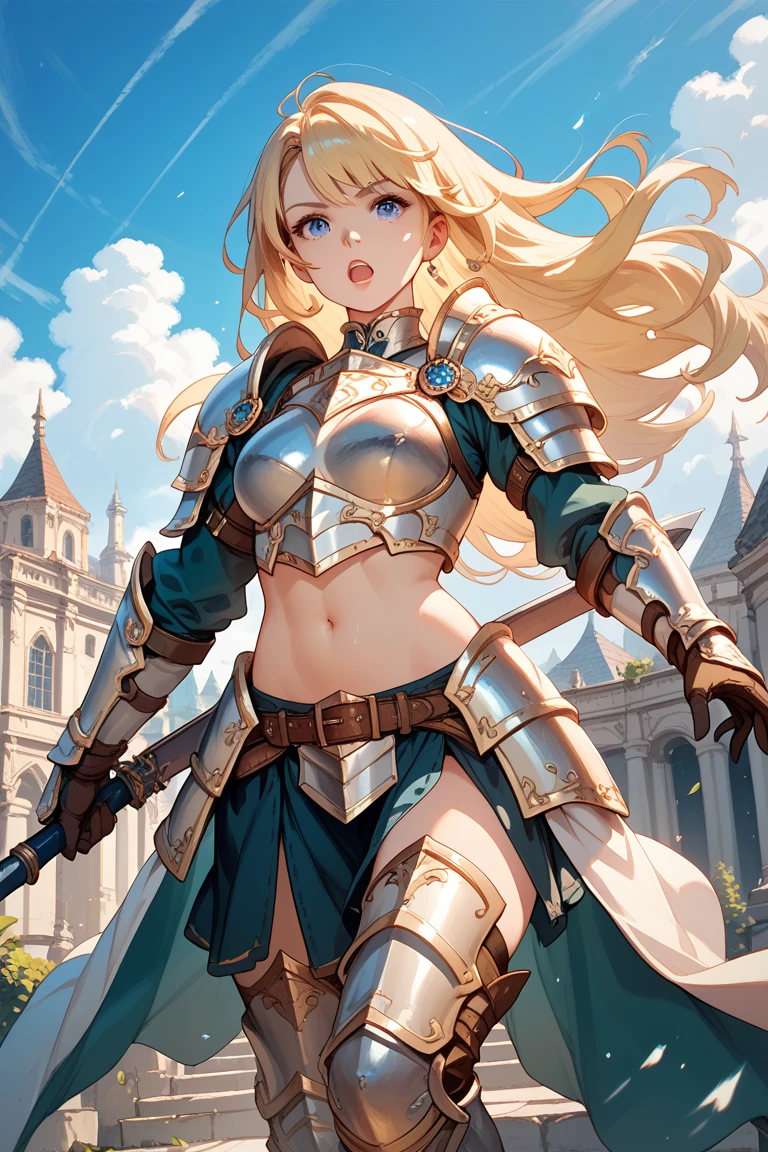 masterpiece, detailed art of beautiful warrior girl, armor, leather jacket,  shiny skin, wet body, big tits, huge breasts with presence, blush, sweat, full body, sexy, provocative pose, high leg, high leg string, naked breasts, clothes dressed, boobs, side boobs, cleavage, background is dark cobblestone dungeon of an old castle, background blurred, helmet, sword, big sword, shield, big shield, ( brown eyes with a clear impact)