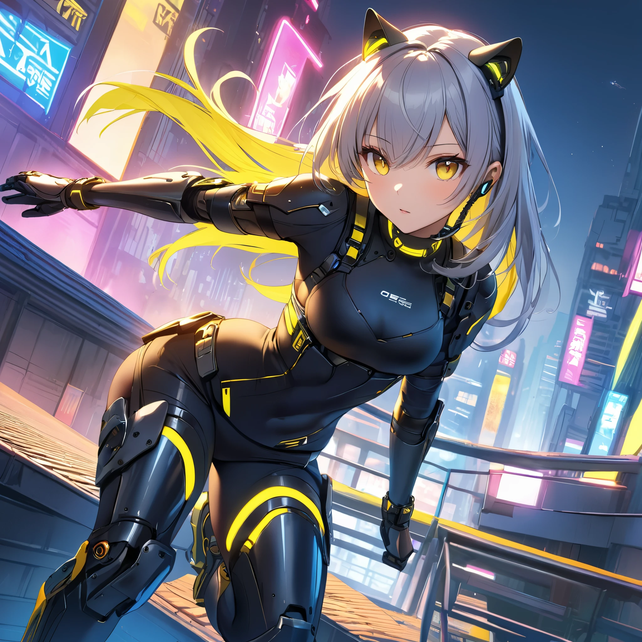 Anime girl in a black and yellow outfit on a city street - SeaArt AI