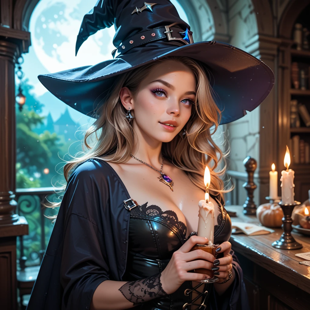 ((medieval world)), (beauitful face:2)、(A detailed face:1.3)、(A detailed eye)、(Detailed nose)、(Detailed lips)、(The witch's old black hat:1.8), (young beautiful witch in a dress:1.8), (Dressing:1.3)、(sitting in a magic chair:1.5)、(Her body is facing this way:1.2)、(with spreading legs:1.8)、(Showing white panties:1.8)、Beautiful Finger、(Unleash magic from your fingertips:1.3)、Shining majestic lightning storm cloud mass and sky, halo optical phenomenon, Anti-Sacred Light, Twilight, Sunset, Dusk, (Dramatic light), (A majestic sight), (Golden hair)、(magic circle necklace:1.5), altar, Old ruins infested with plants, The Great Temple of the Devil, great cathedral, The Devil's Grand Shrine, (A magic circle of ominous brilliance:1.6), crumbling ruins, ancient ruin, Faded, Cinematic, ((Neutral colors))、(Intricate details:1.1), Complex background