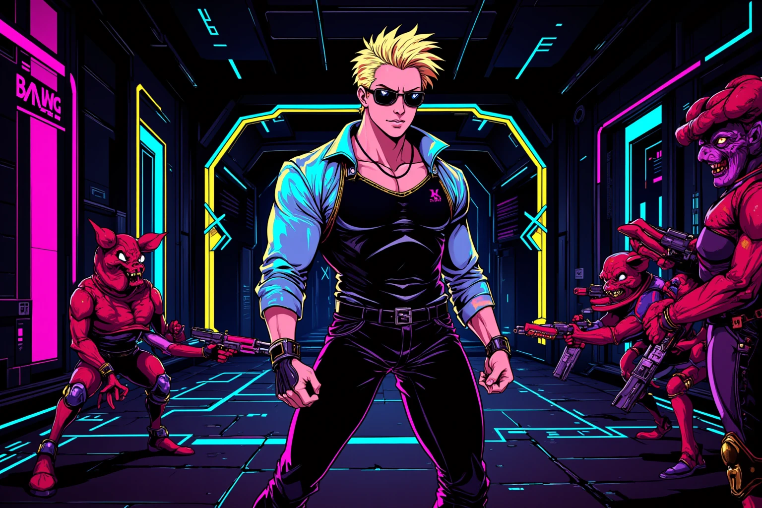 1980s synthwave cyberpunk, (full body:1.2), 1boy, man, bishounen, solo, [:creative costume design,:0.2] warpriest, caucasian, beige hair, (solid:1) build<lora:synthwave1:1:1:lbw=SDXL_OUTS>